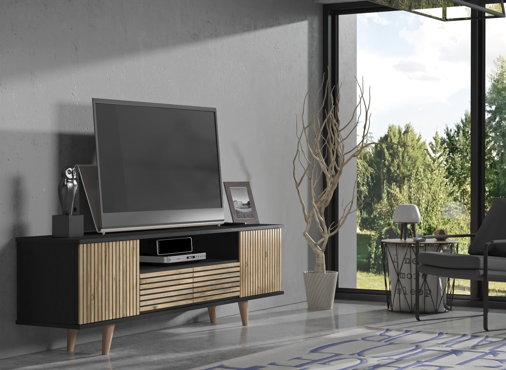 Móvel de TV – 180 cm x 55 cm x 35 cm – Preto, Madeira, Pinho Atlântico – Aglomerado