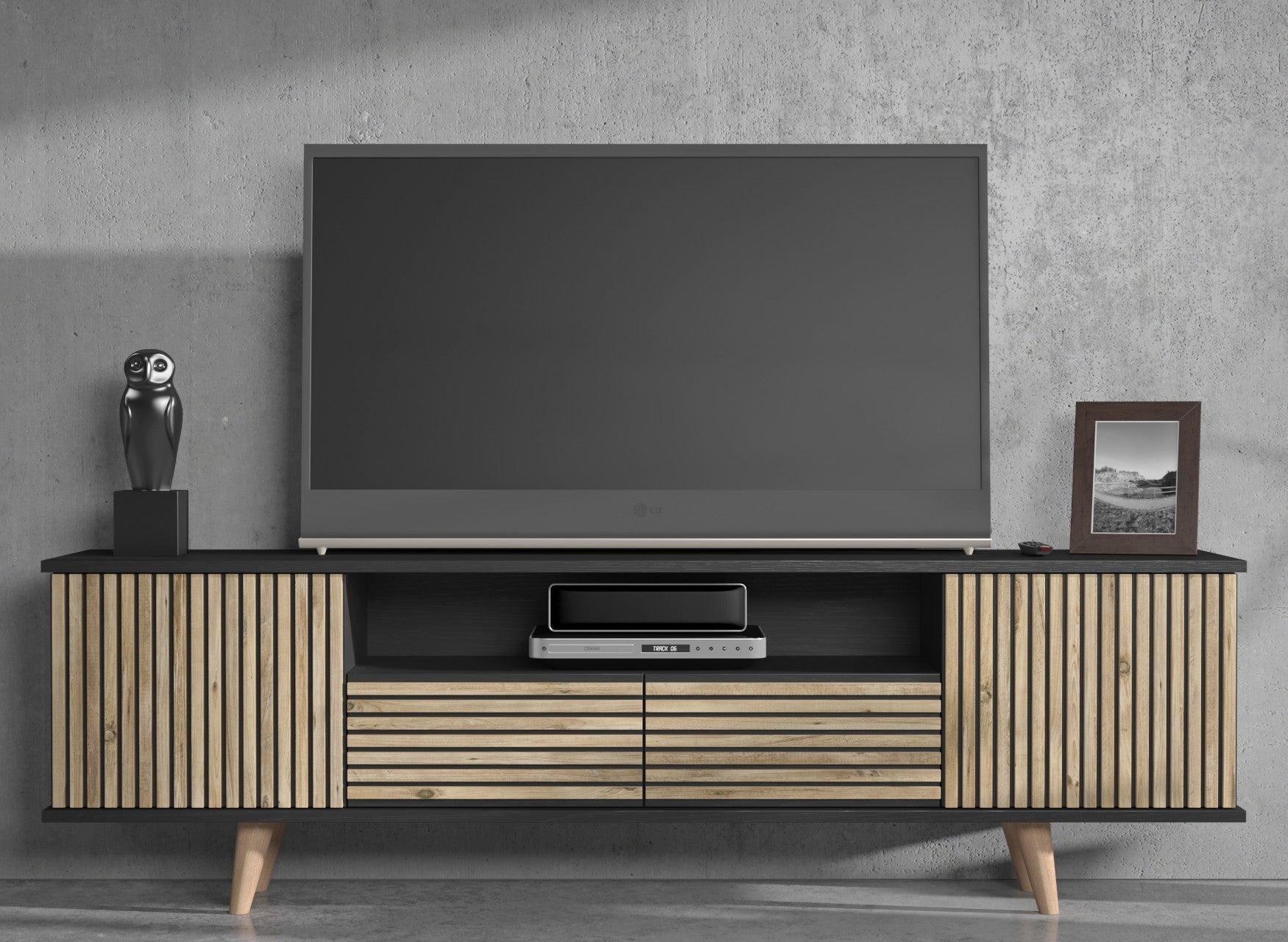 Móvel de TV – 180 cm x 55 cm x 35 cm – Preto, Madeira, Pinho Atlântico – Aglomerado