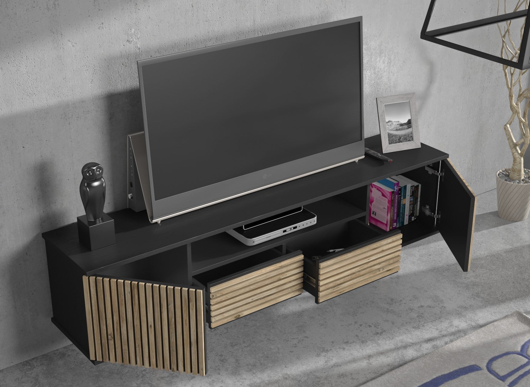 Móvel de TV – 180 cm x 55 cm x 35 cm – Preto, Madeira, Pinho Atlântico – Aglomerado