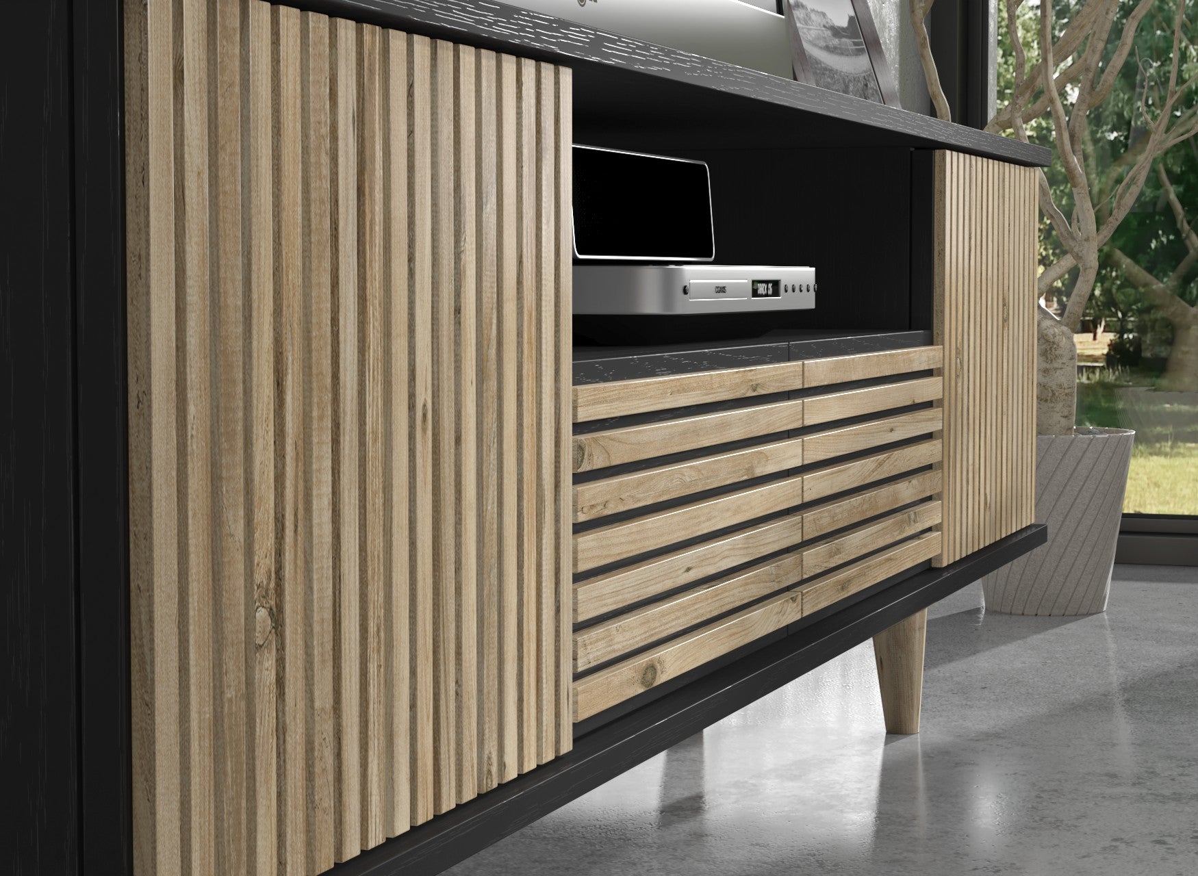 Móvel de TV – 180 cm x 55 cm x 35 cm – Preto, Madeira, Pinho Atlântico – Aglomerado