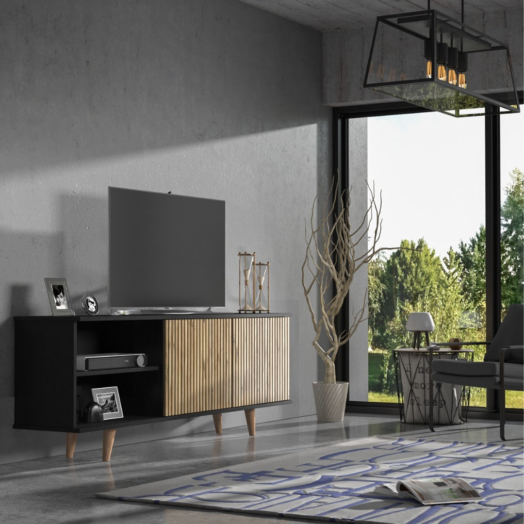 Móvel de TV – 180 cm x 64 cm x 35 cm – Preto, Pinho Atlântico – Aglomerado