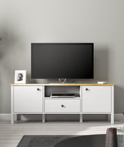 Móvel de TV – 150cm x 58cm x 35cm – Branco e Madeira – Aglomerado revestido de melamina