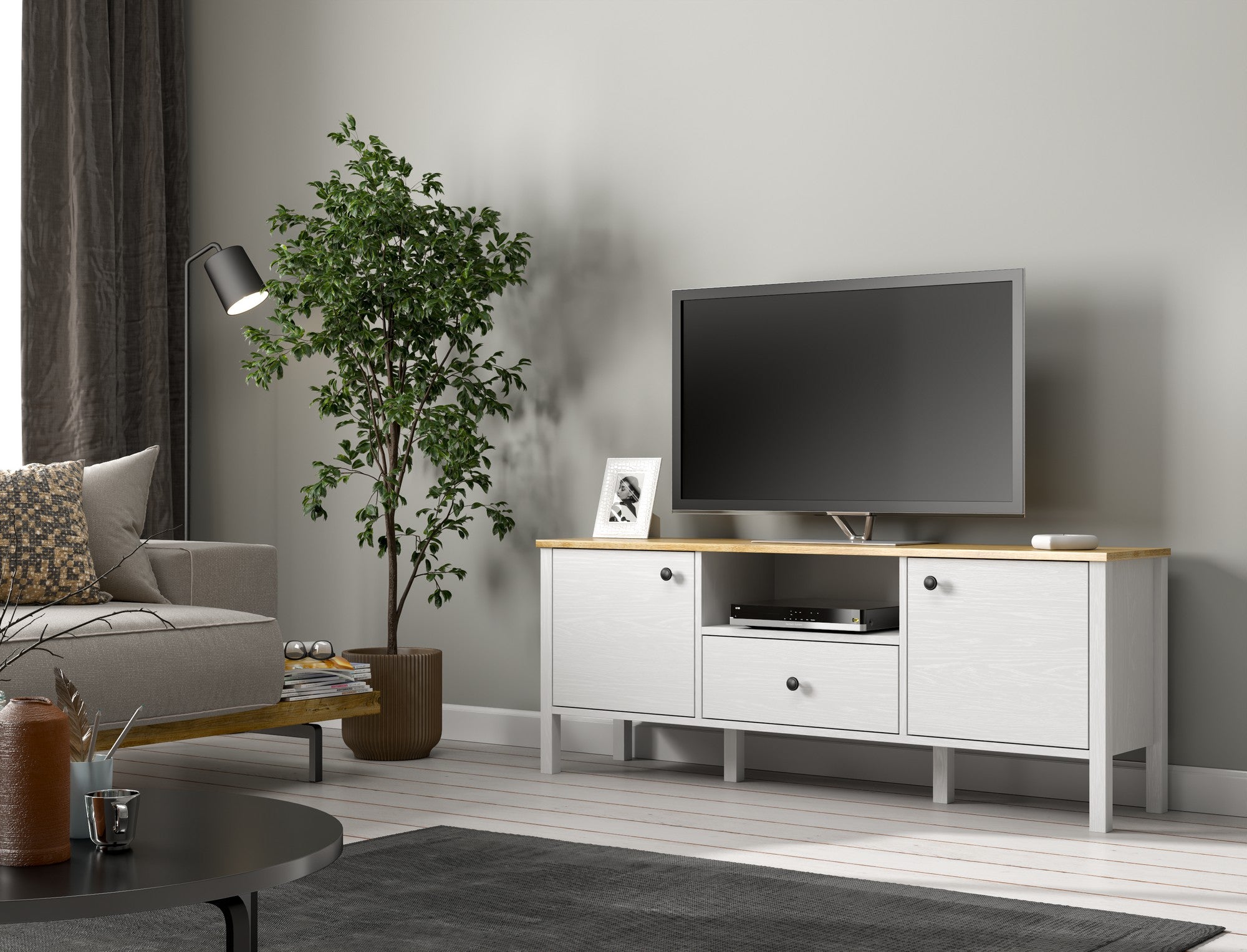 Móvel de TV – 150cm x 58cm x 35cm – Branco e Madeira – Aglomerado revestido de melamina