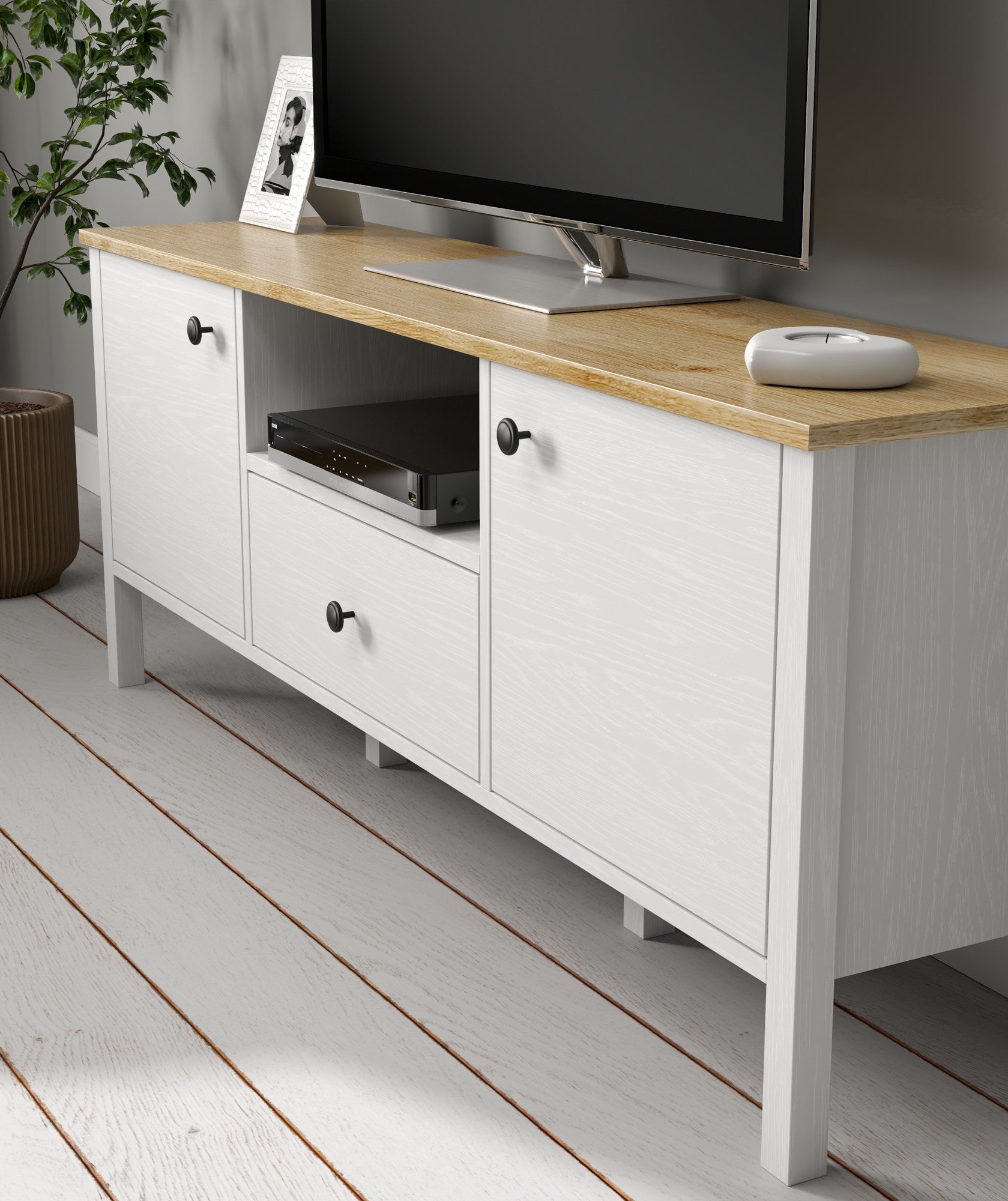 Móvel de TV – 150cm x 58cm x 35cm – Branco e Madeira – Aglomerado revestido de melamina