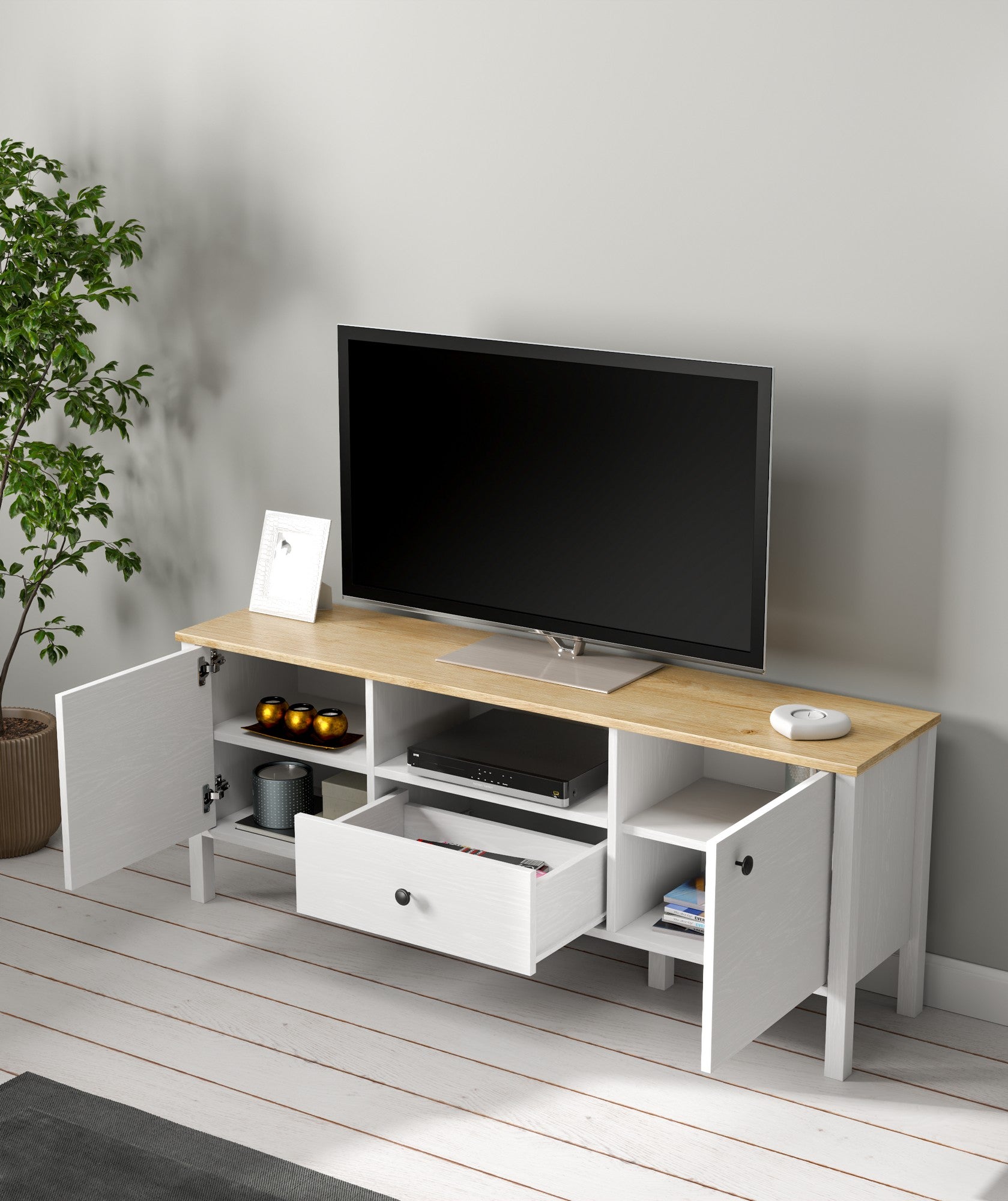 Móvel de TV – 150cm x 58cm x 35cm – Branco e Madeira – Aglomerado revestido de melamina
