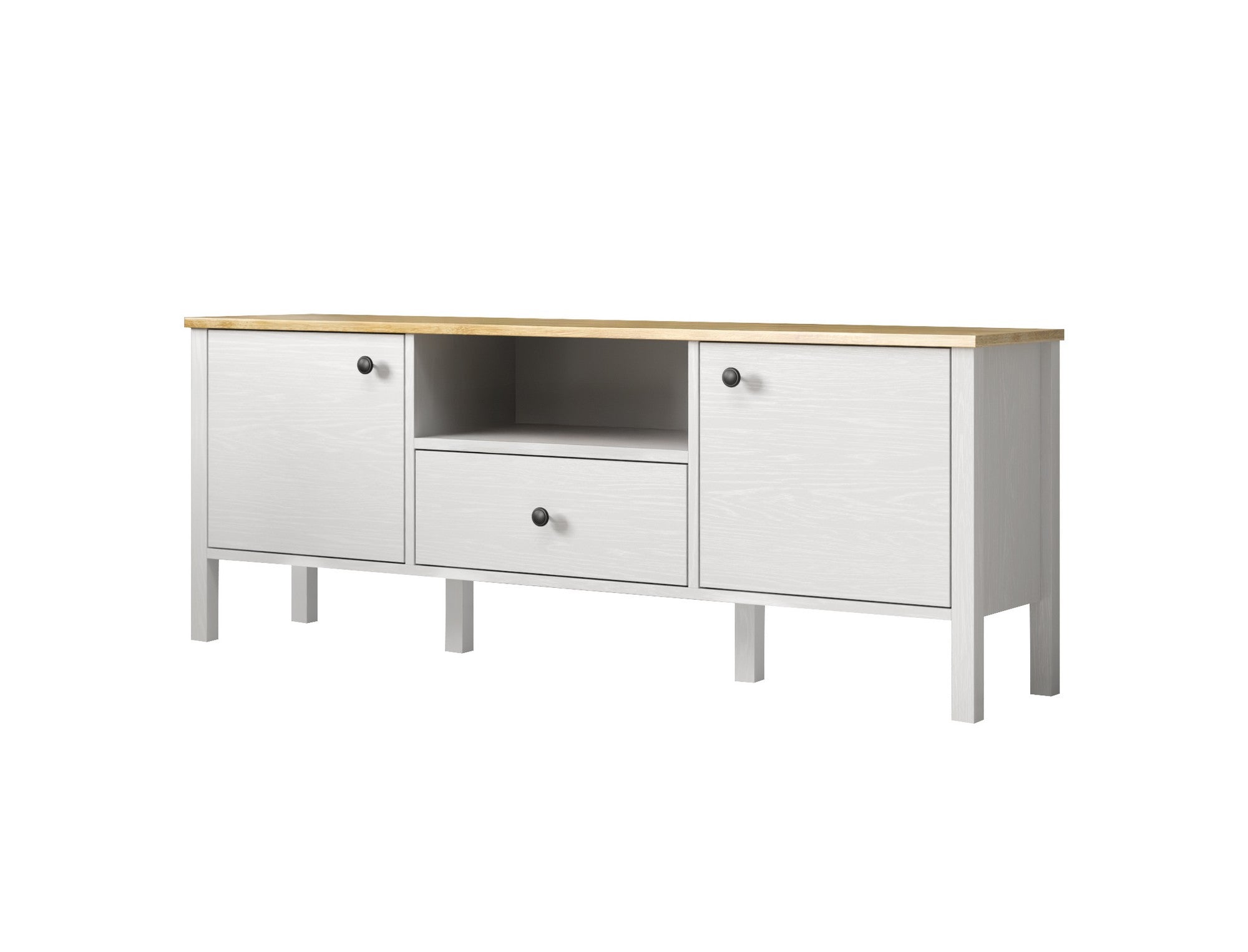 Móvel de TV – 150cm x 58cm x 35cm – Branco e Madeira – Aglomerado revestido de melamina