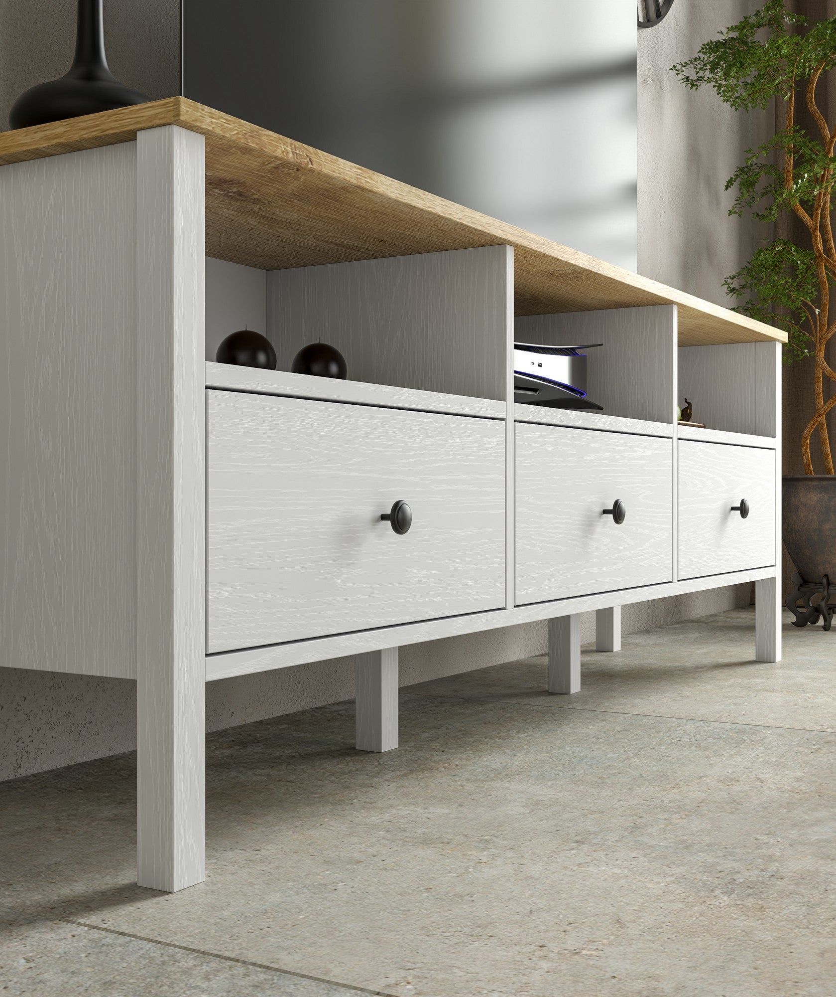 Móvel de TV – 160 cm x 58 cm x 35 cm – Branco e madeira – Aglomerado