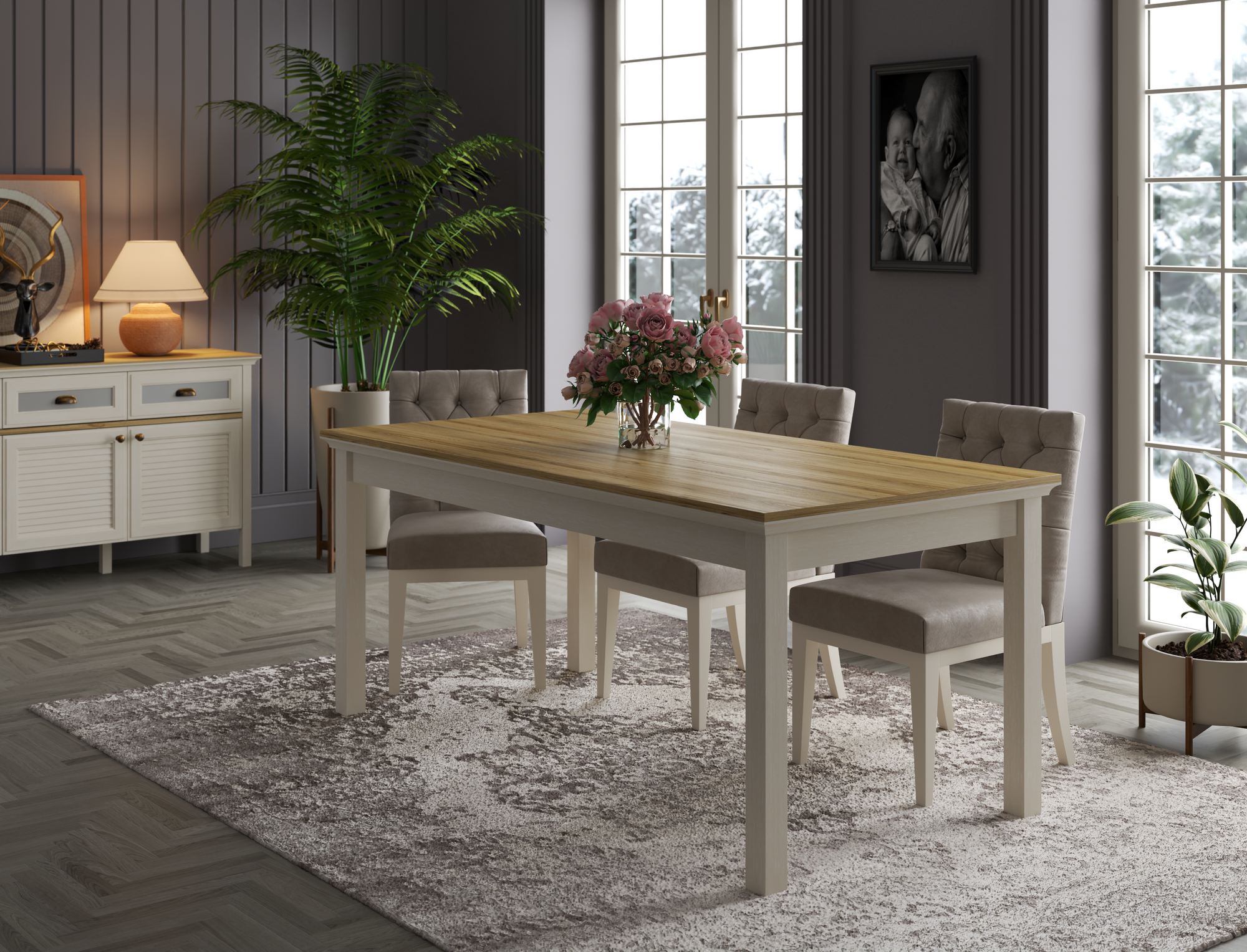 Mesa de Jantar Moderna Cream e Cinzento com Arrumação Integrada - 180cm com Prateleiras e Fixação à Parede
