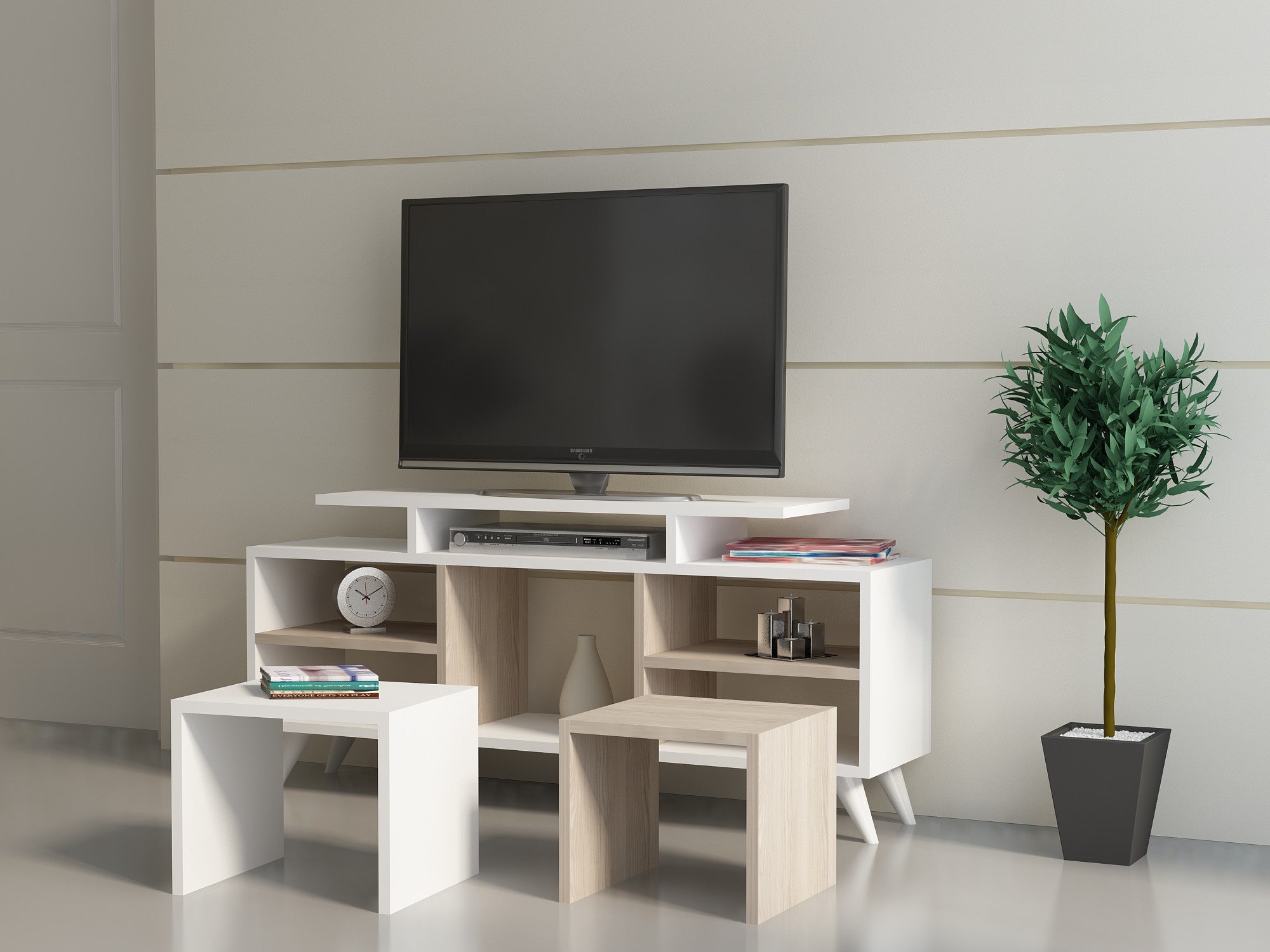 Móvel de TV moderno – 120 cm – Branco e Córdoba – Melamina