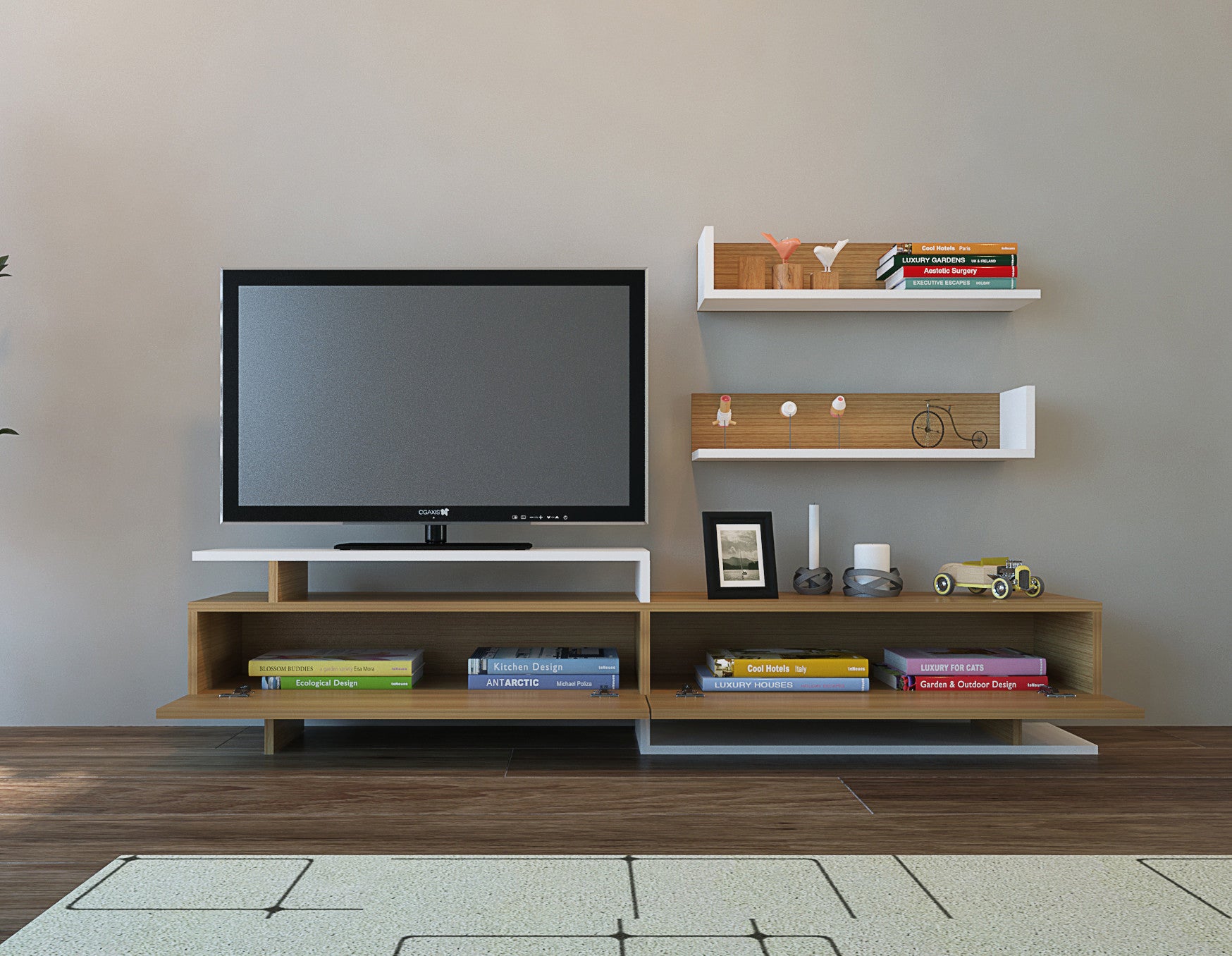 Móvel de TV moderno – 180 x 40 x 37,4 cm – Branco e Teca – Painéis de partículas