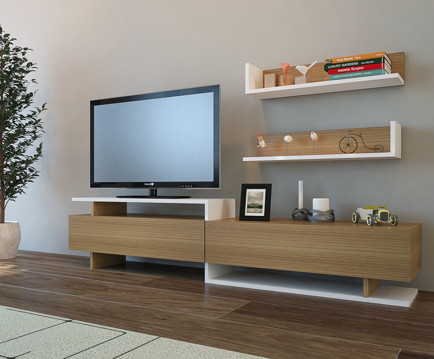 Móvel de TV moderno – 180 x 40 x 37,4 cm – Branco e Teca – Painéis de partículas
