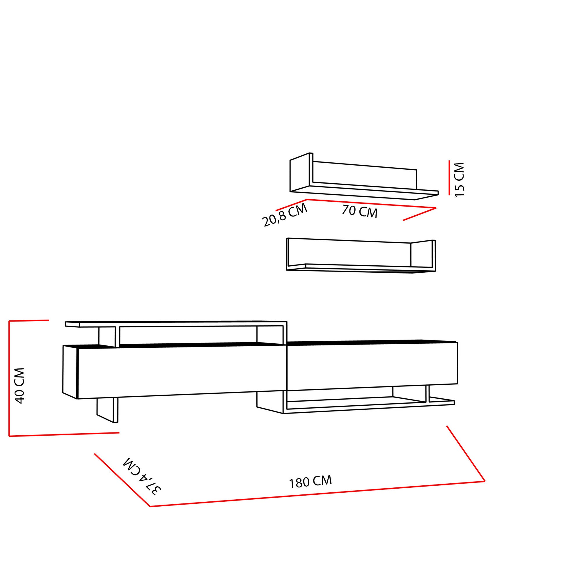 Móvel de TV moderno – 180 x 40 x 37,4 cm – Branco e Teca – Painéis de partículas