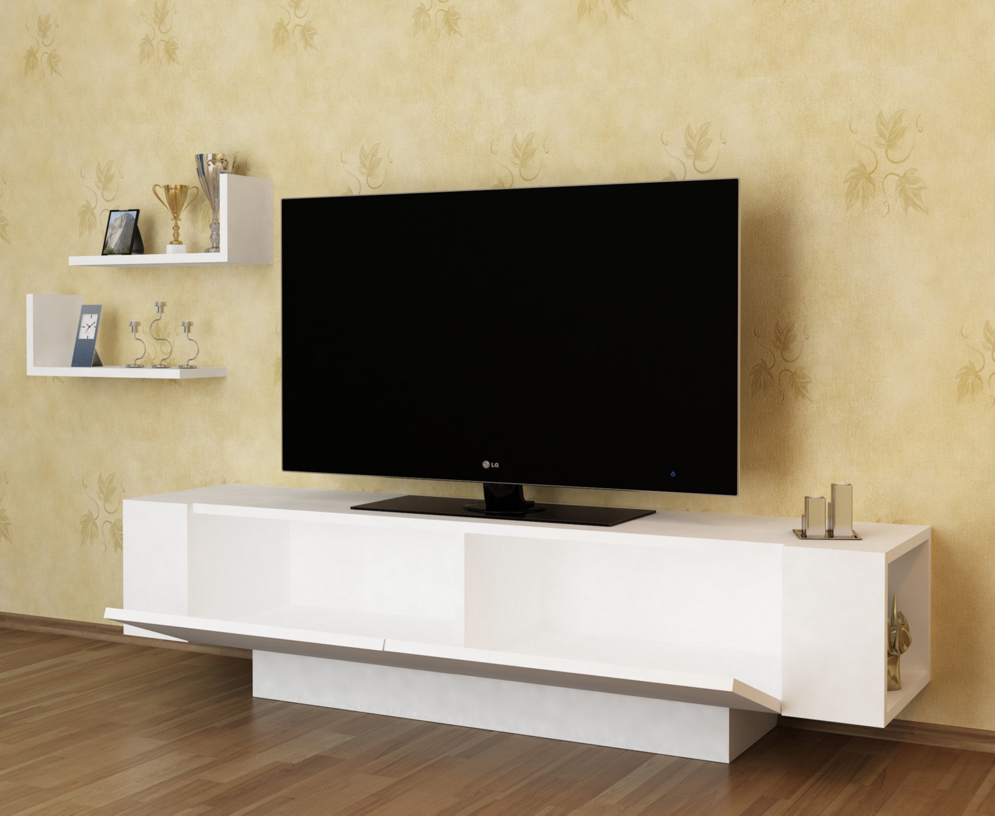 Móvel de TV moderno – 150 cm – Branco – Painel de partículas revestido em melamina