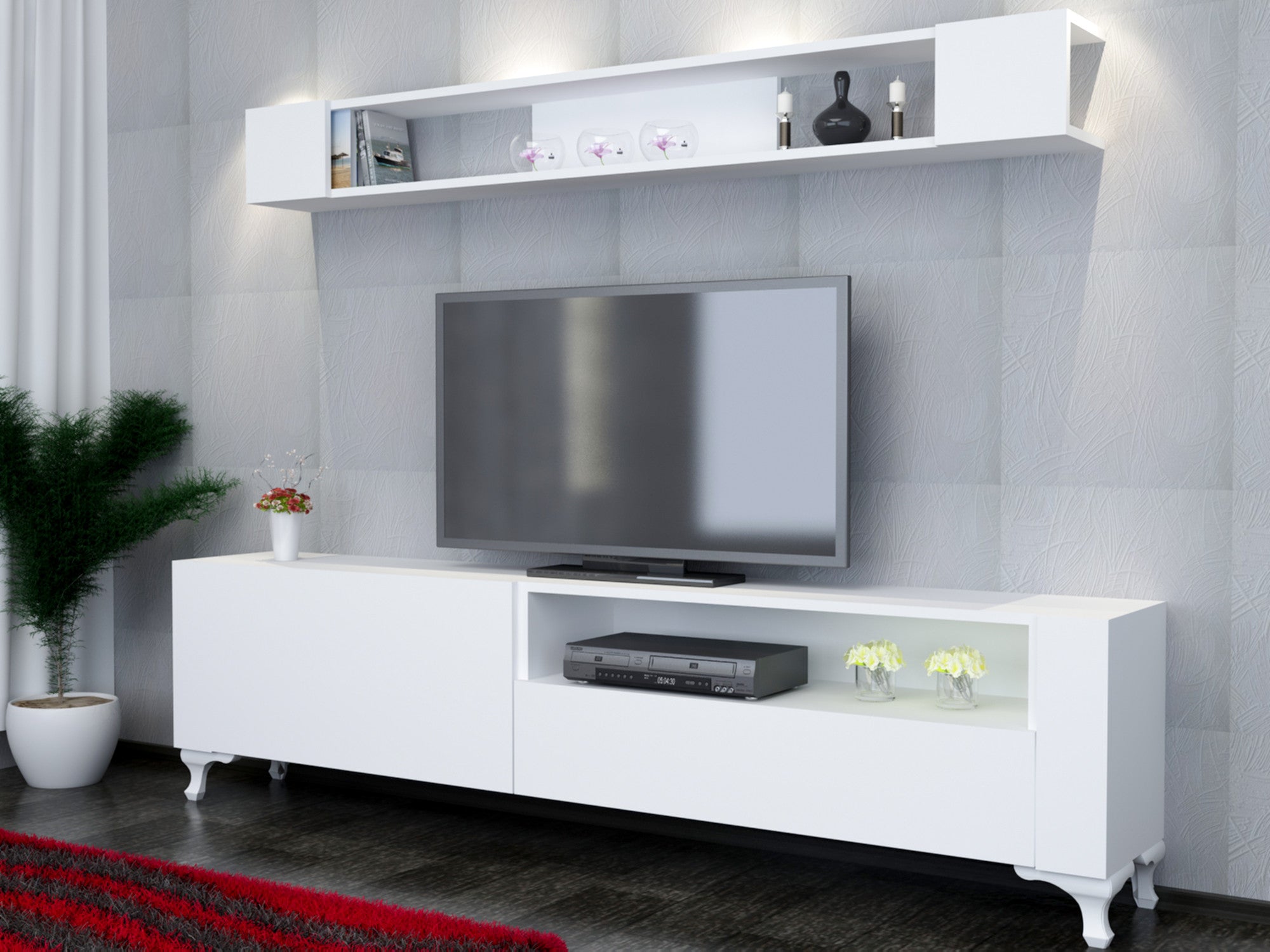 Móvel de TV moderno – 180 cm x 50 cm – Branco – Painel de partículas revestido a melamina