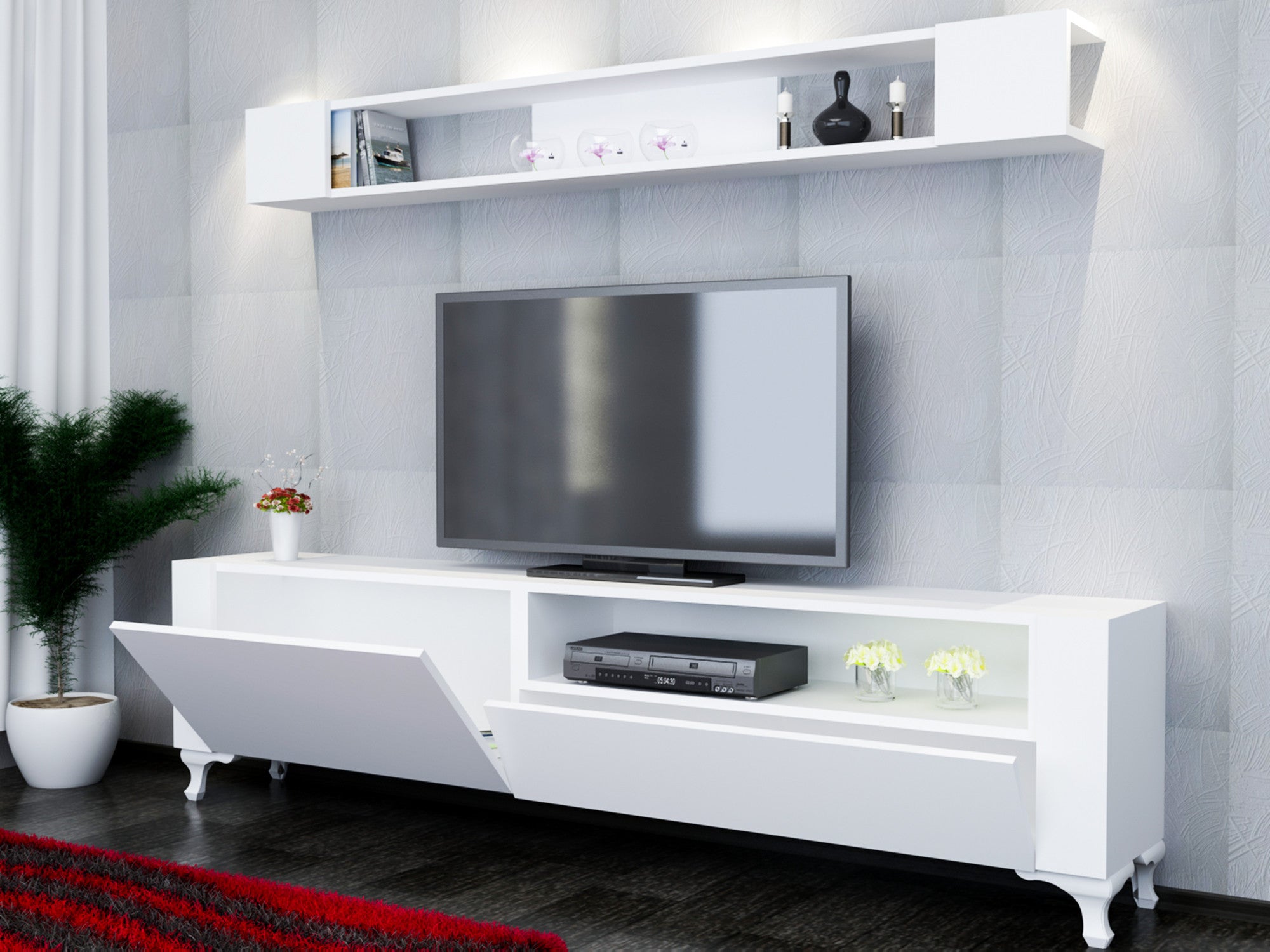 Móvel de TV moderno – 180 cm x 50 cm – Branco – Painel de partículas revestido a melamina