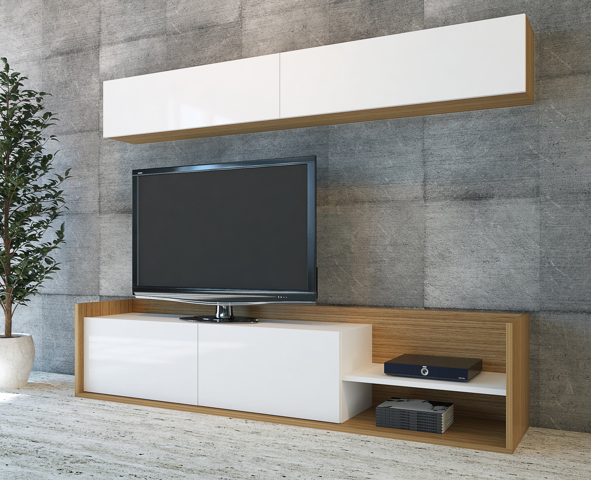 Móvel de TV moderno – 180 cm – Branco e Teca – Painéis de partículas revestidos de melamina