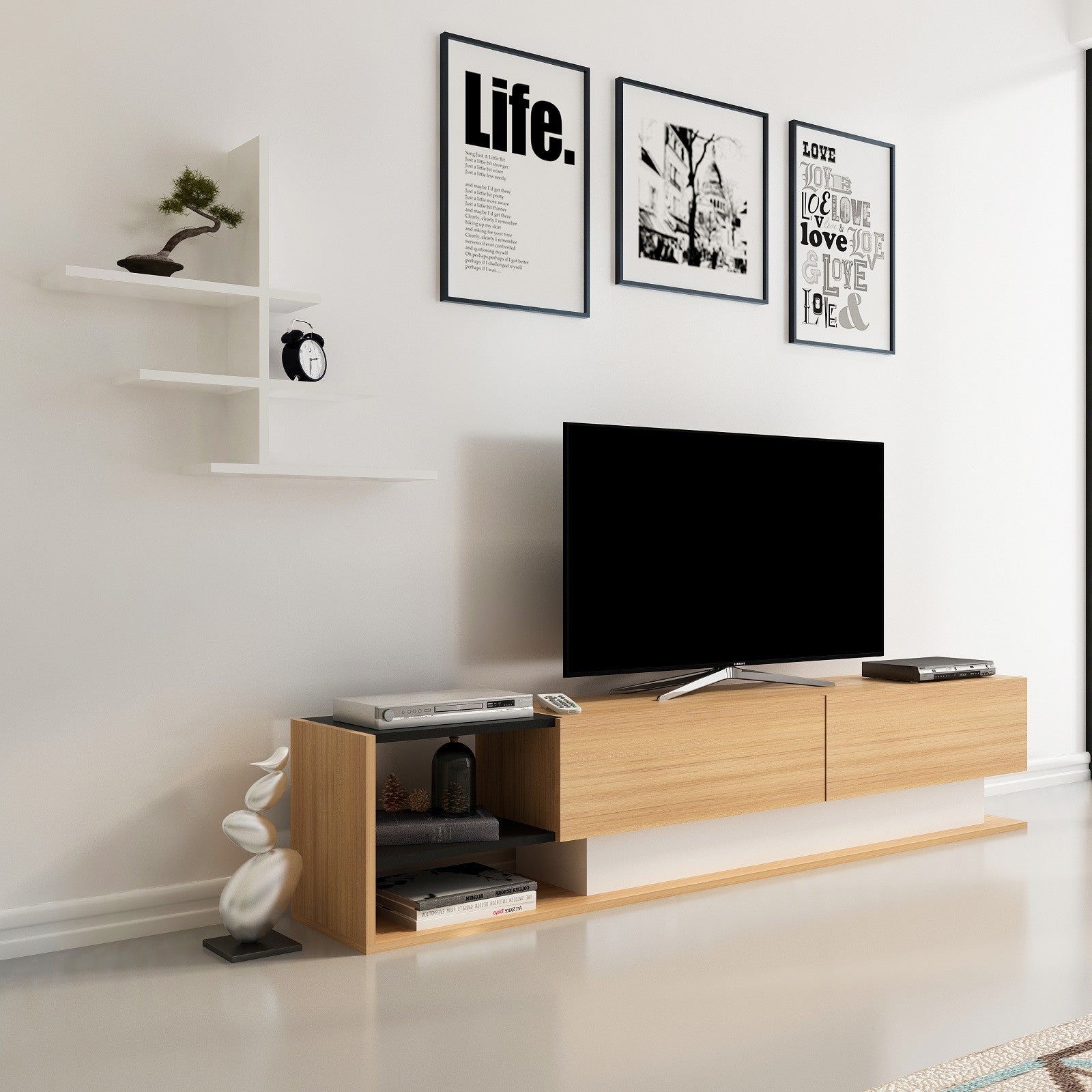 Móvel de TV moderno – 180 x 40 x 30 cm – Branco e Teca – Painel de partículas revestido a melamina