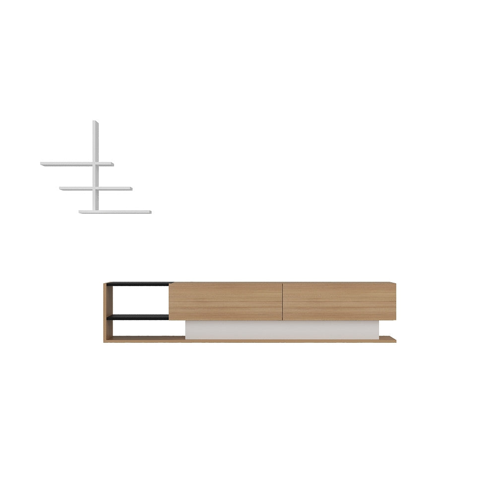 Móvel de TV moderno – 180 x 40 x 30 cm – Branco e Teca – Painel de partículas revestido a melamina