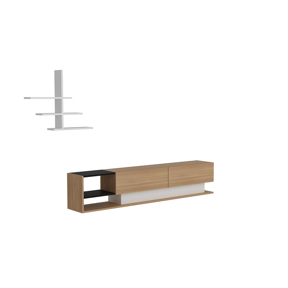 Móvel de TV moderno – 180 x 40 x 30 cm – Branco e Teca – Painel de partículas revestido a melamina