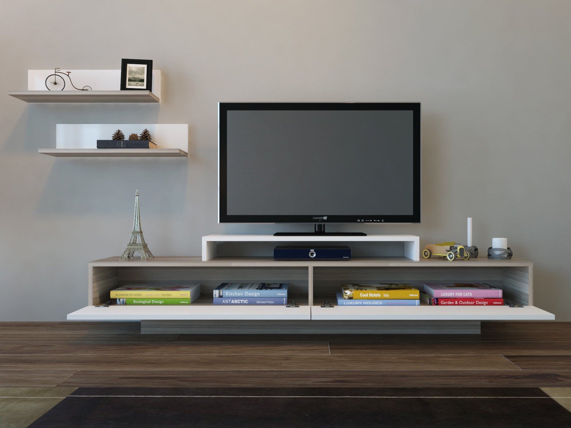 Móvel de TV moderno – 180 cm – Branco e Córdoba – Painel de partículas