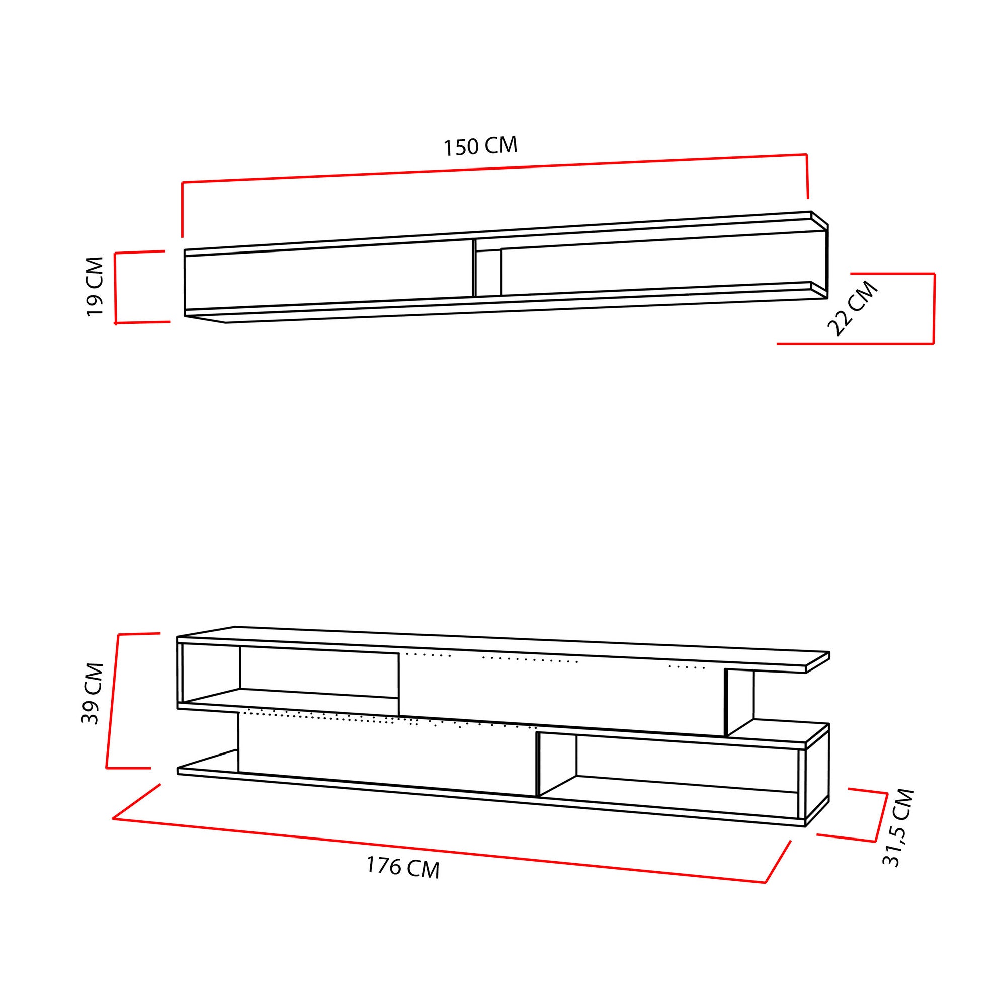 Móvel de TV moderno com prateleira de parede – 176 x 39 x 31,5 cm – branco e preto – melamina