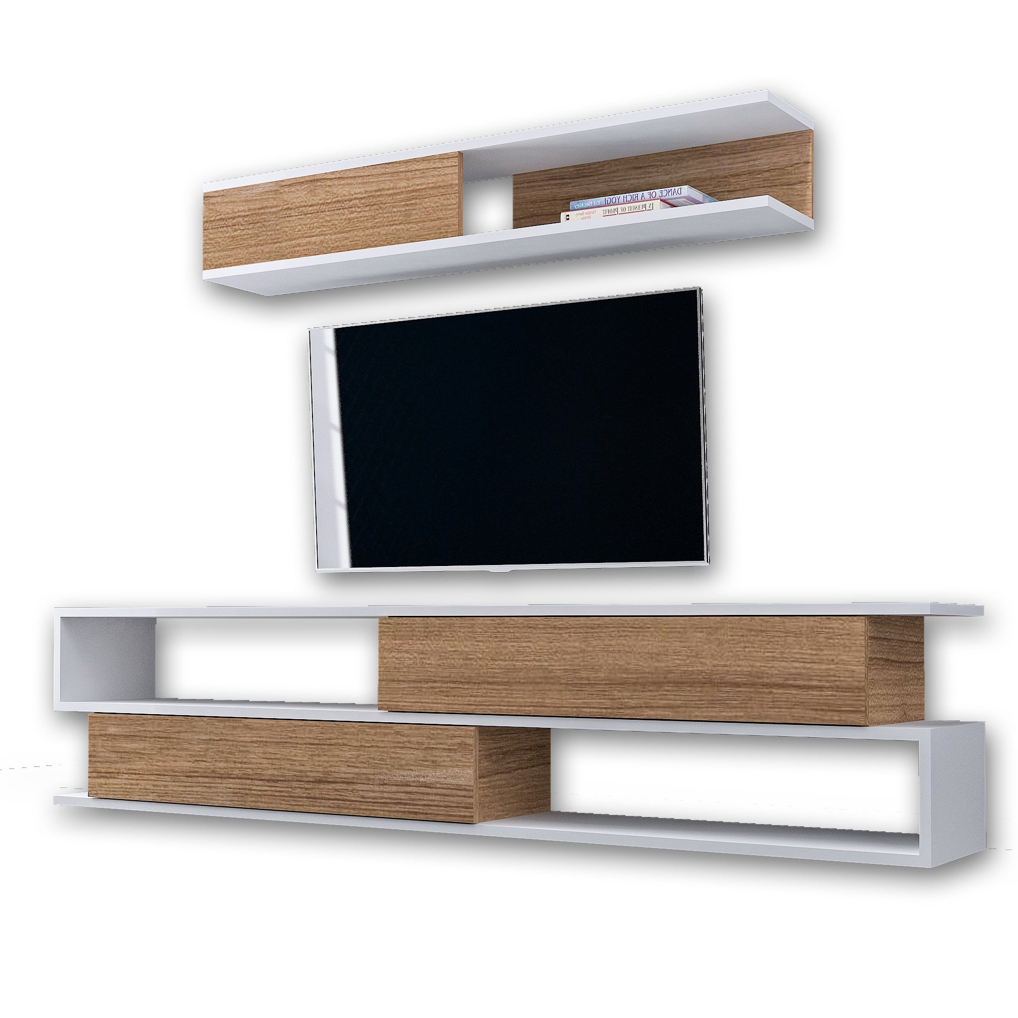 Móvel de TV moderno – 176 x 39 x 31,5 cm – Branco e Teca – Painéis de partículas revestidos a melamina