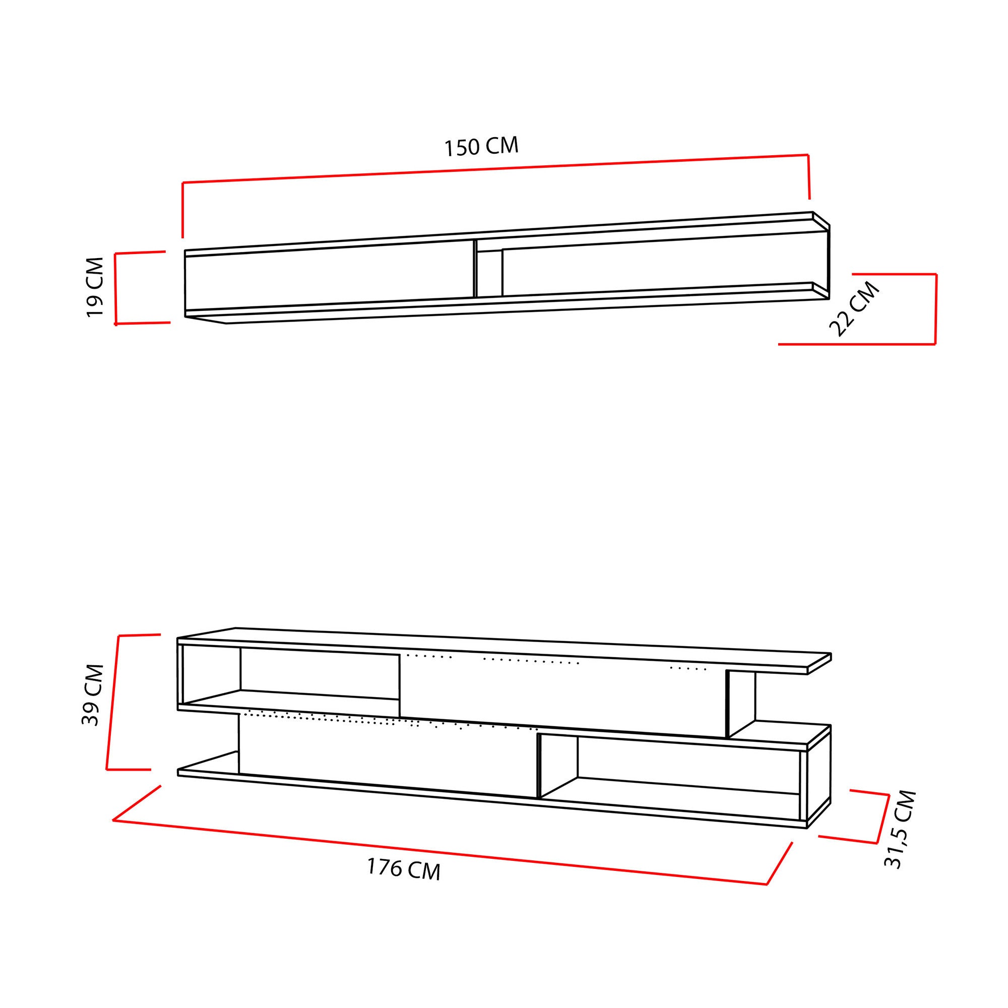 Móvel de TV moderno – 176 x 39 x 31,5 cm – Branco e Teca – Painéis de partículas revestidos a melamina