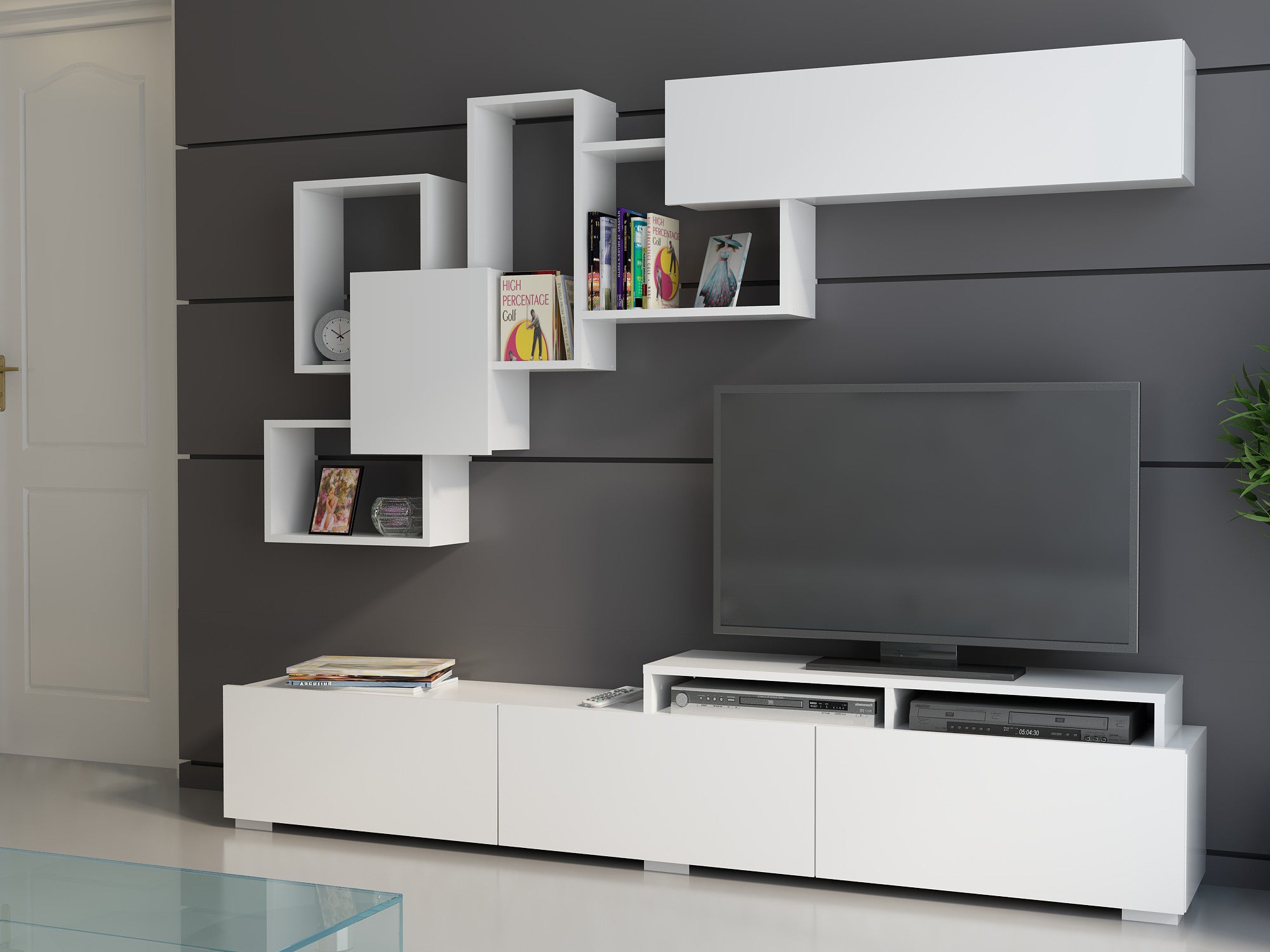 Móvel de TV moderno – 210 cm x 30 cm x 35 cm – Branco – Painel de partículas
