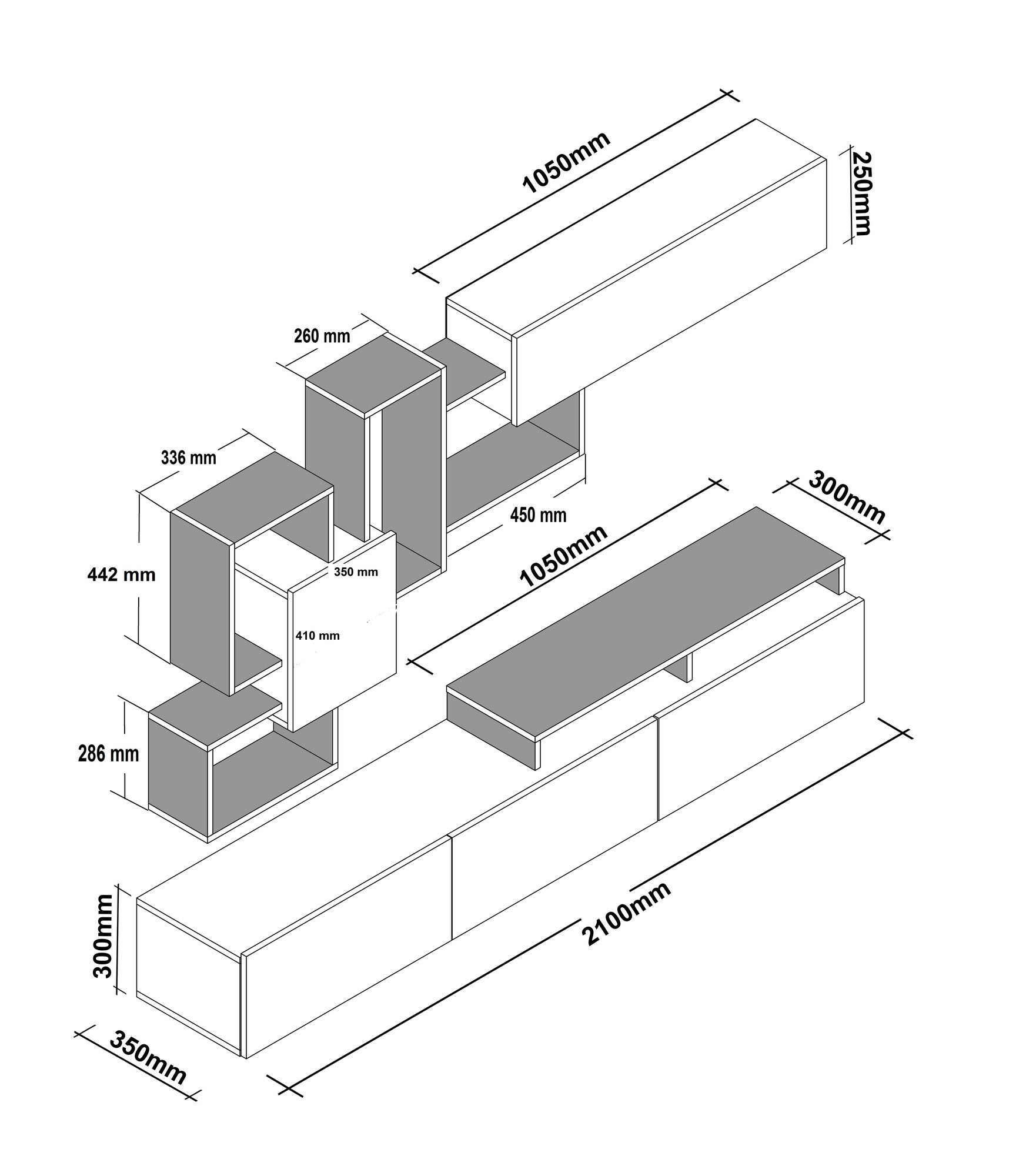 Móvel de TV moderno – 210 cm x 30 cm x 35 cm – Branco – Painel de partículas