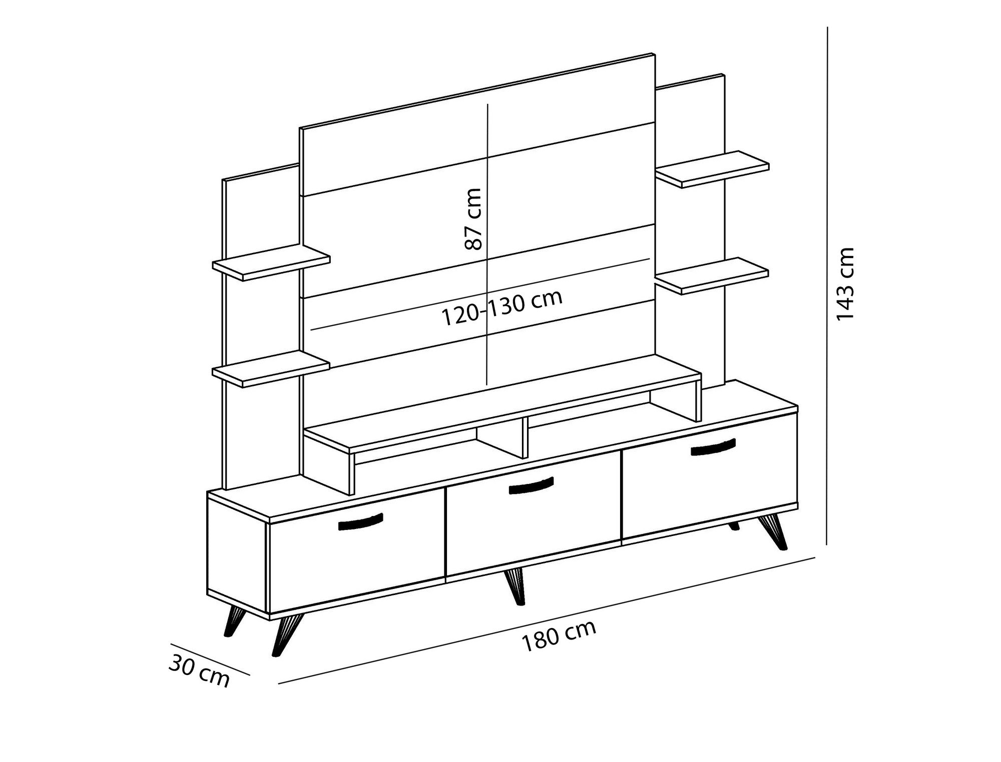 Móvel de TV moderno – 180 x 143 x 30 cm – Branco e Nogueira – Painel de partículas revestido de melamina