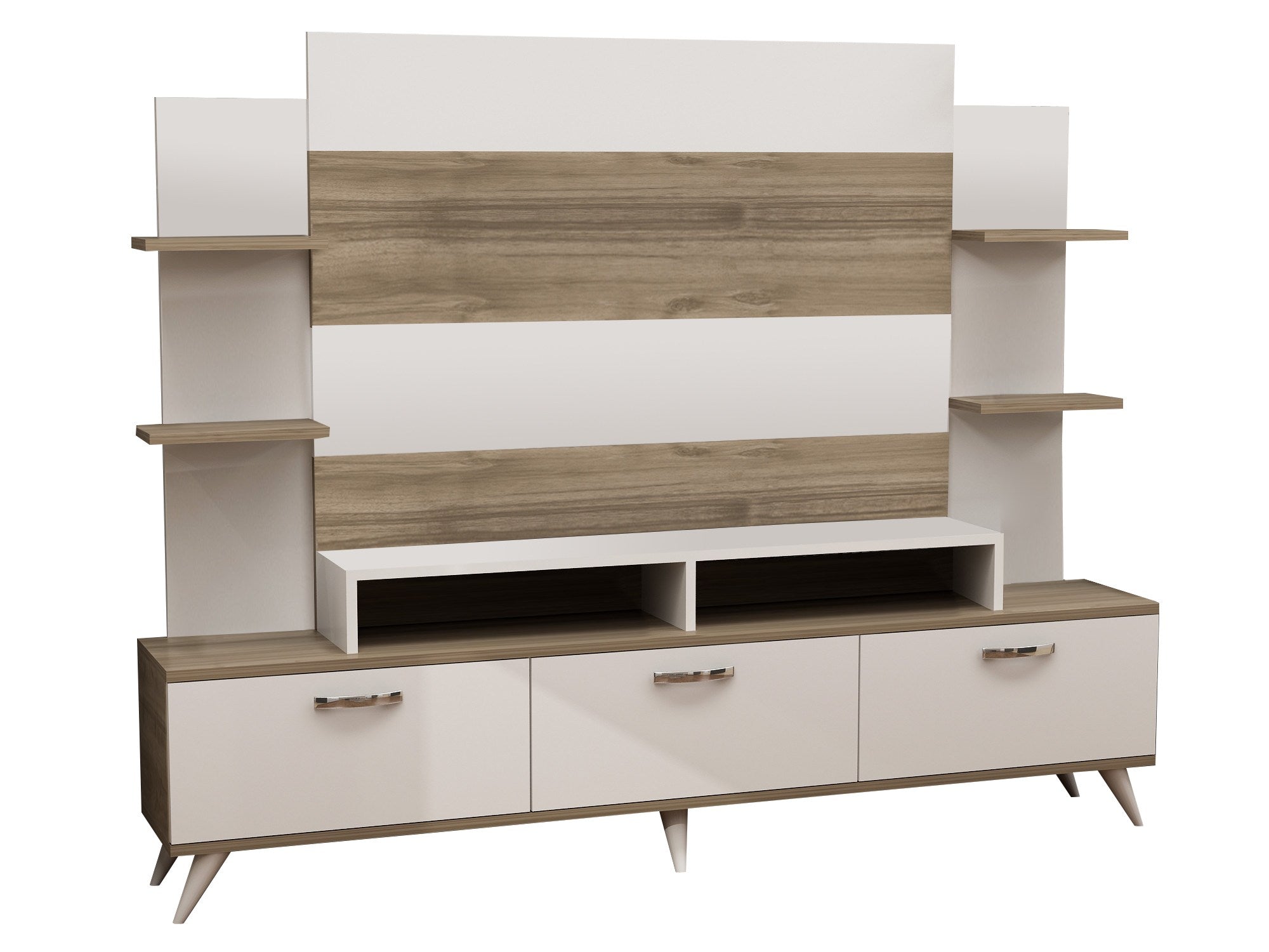 Móvel de TV moderno – 180 x 143 x 30 cm – Branco e Nogueira – Painel de partículas revestido de melamina