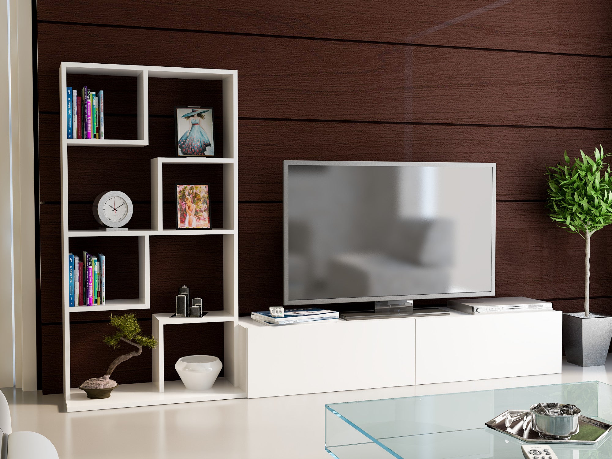 Móvel de TV moderno – 220 cm – Branco – Painel de partículas revestido a melamina