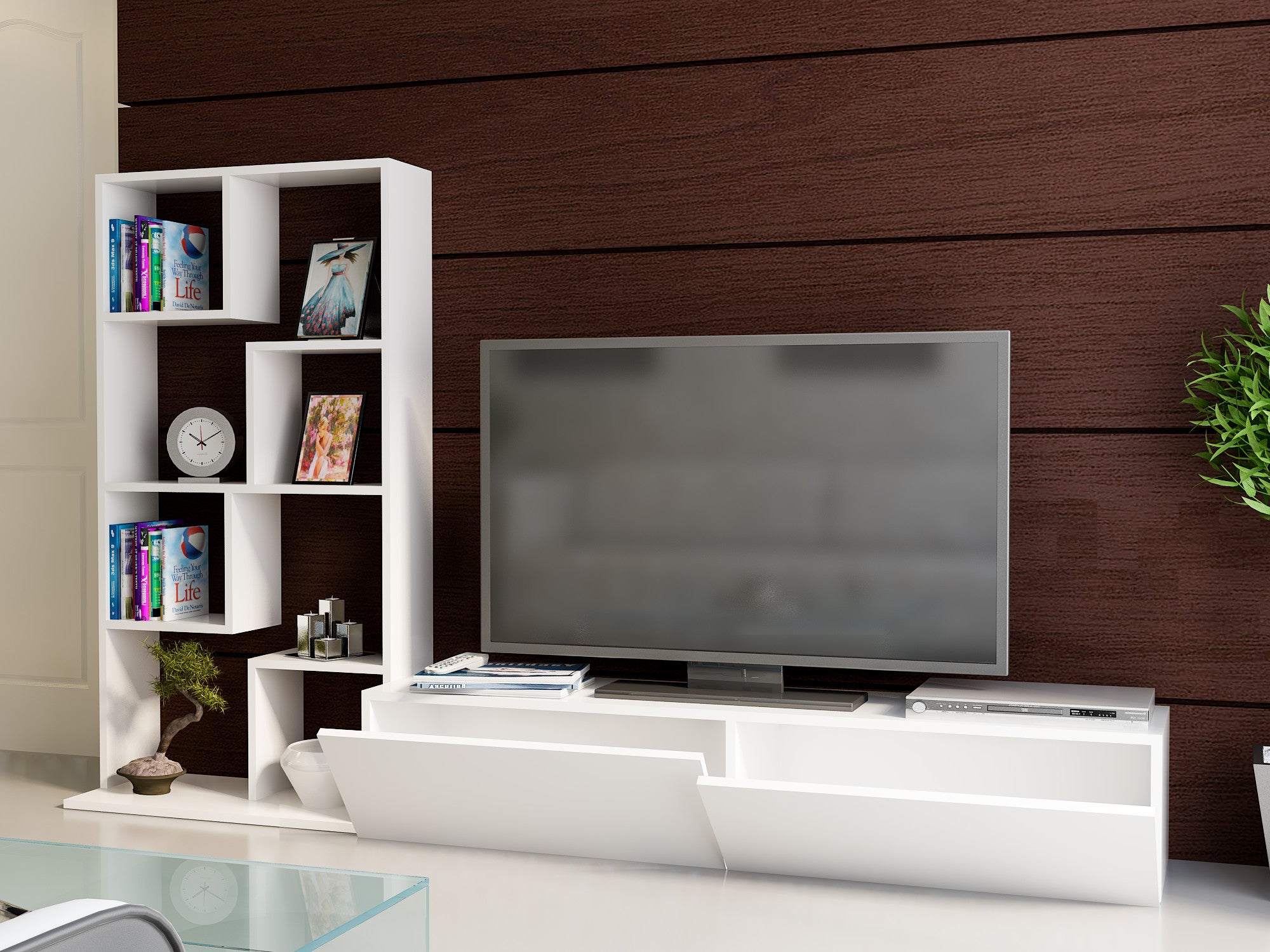 Móvel de TV moderno – 220 cm – Branco – Painel de partículas revestido a melamina