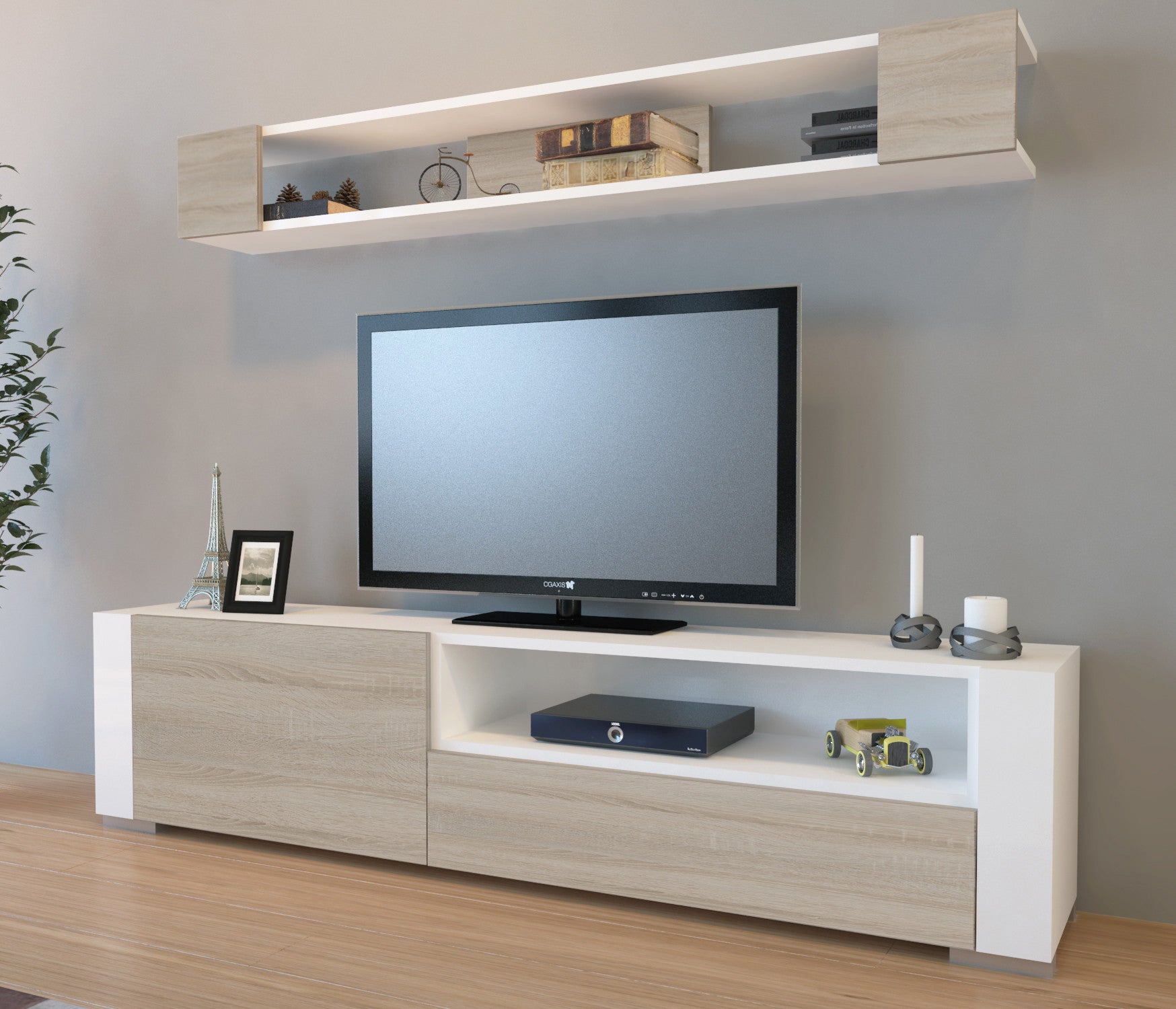 Móvel de TV moderno com prateleira de parede – 180 x 44 x 31,5 cm – branco e cordoba – melamina