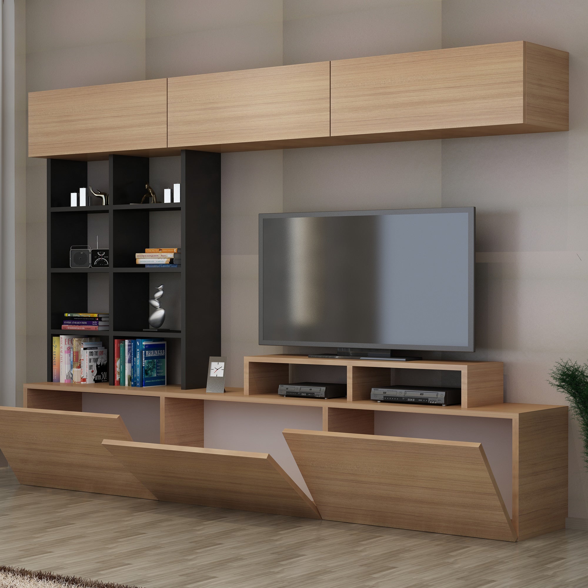 Móvel de TV moderno – 180 cm de largura – Teca e Preto – MDF revestido em melamina