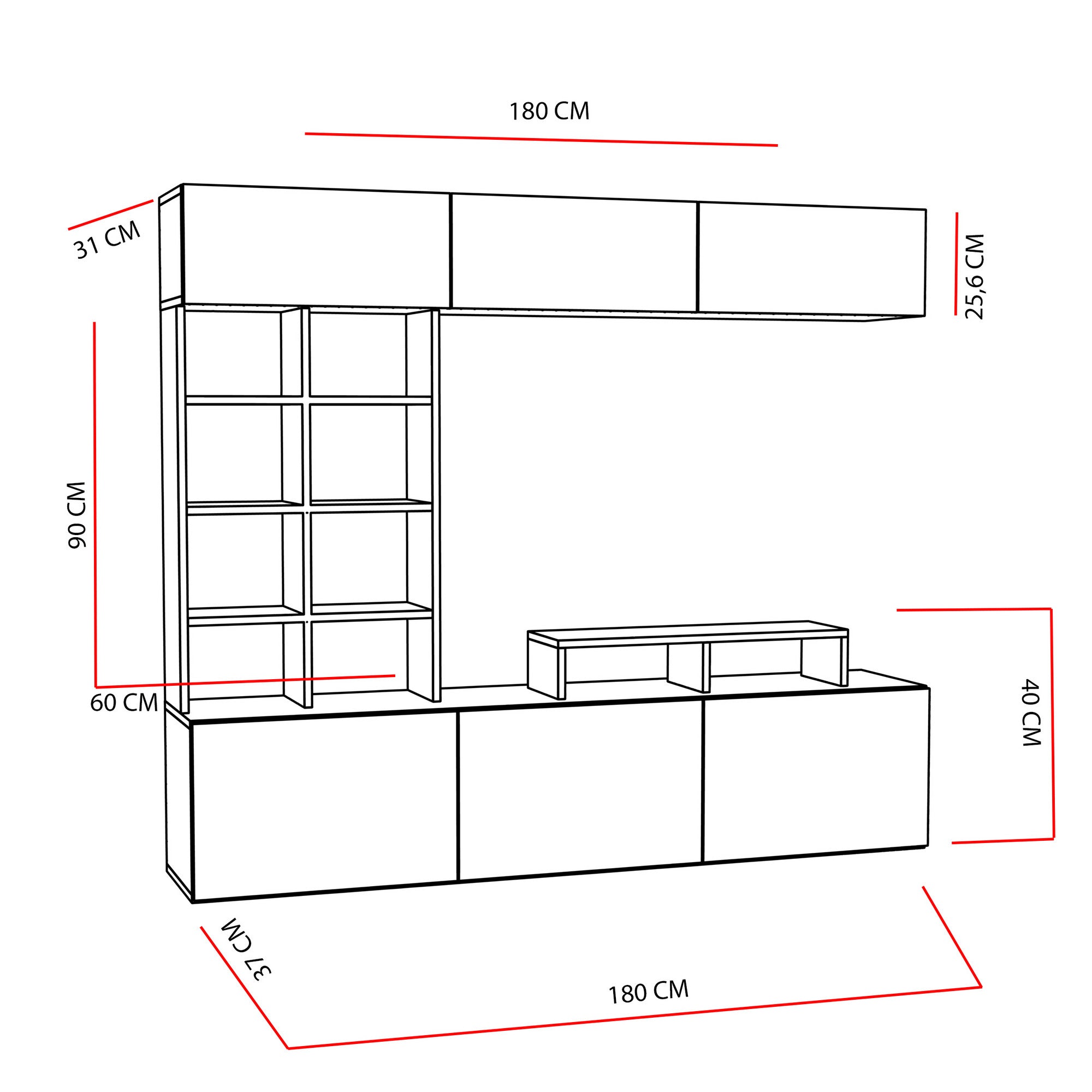 Móvel de TV moderno – 180 cm de largura – Teca e Preto – MDF revestido em melamina