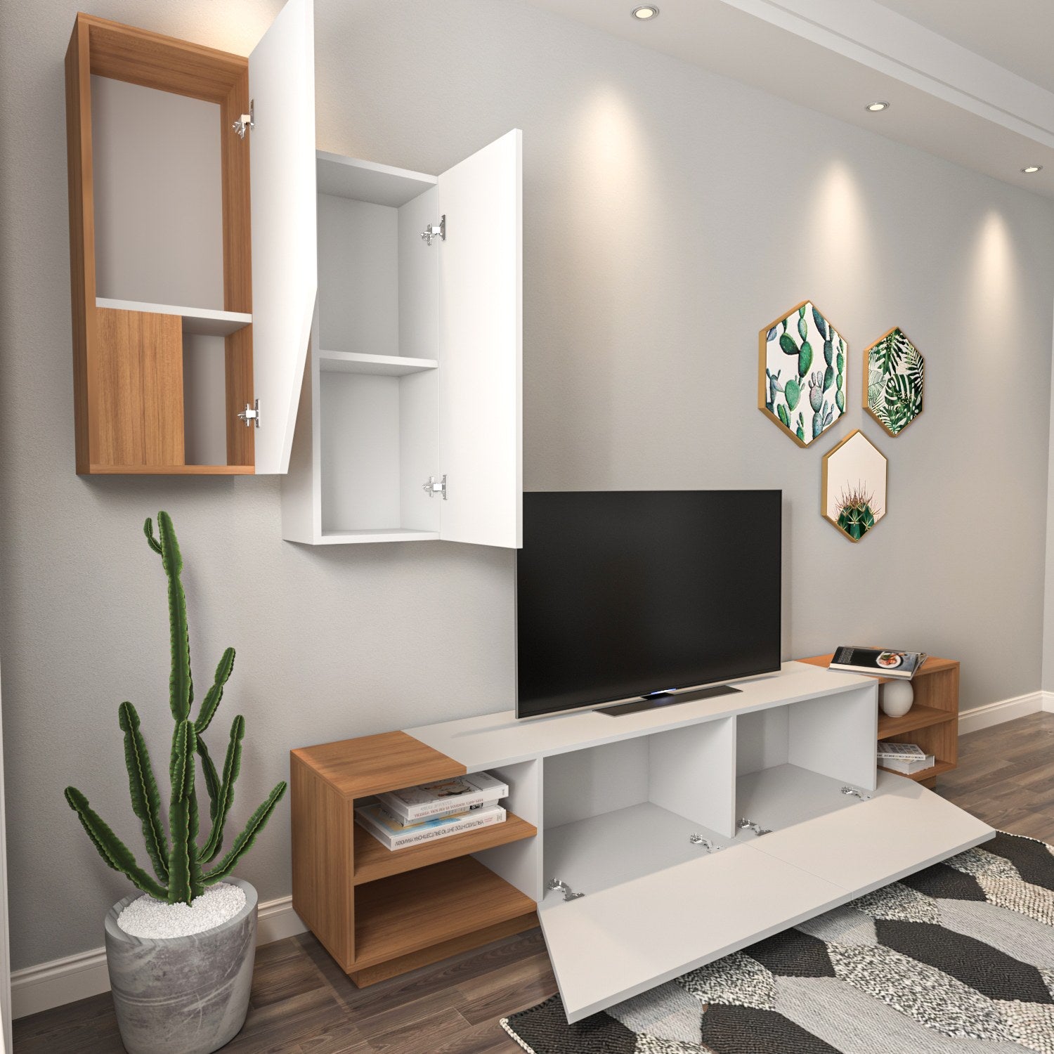 Móvel de TV moderno – 240 x 47 x 37,5 cm – Branco e teca – Melamina