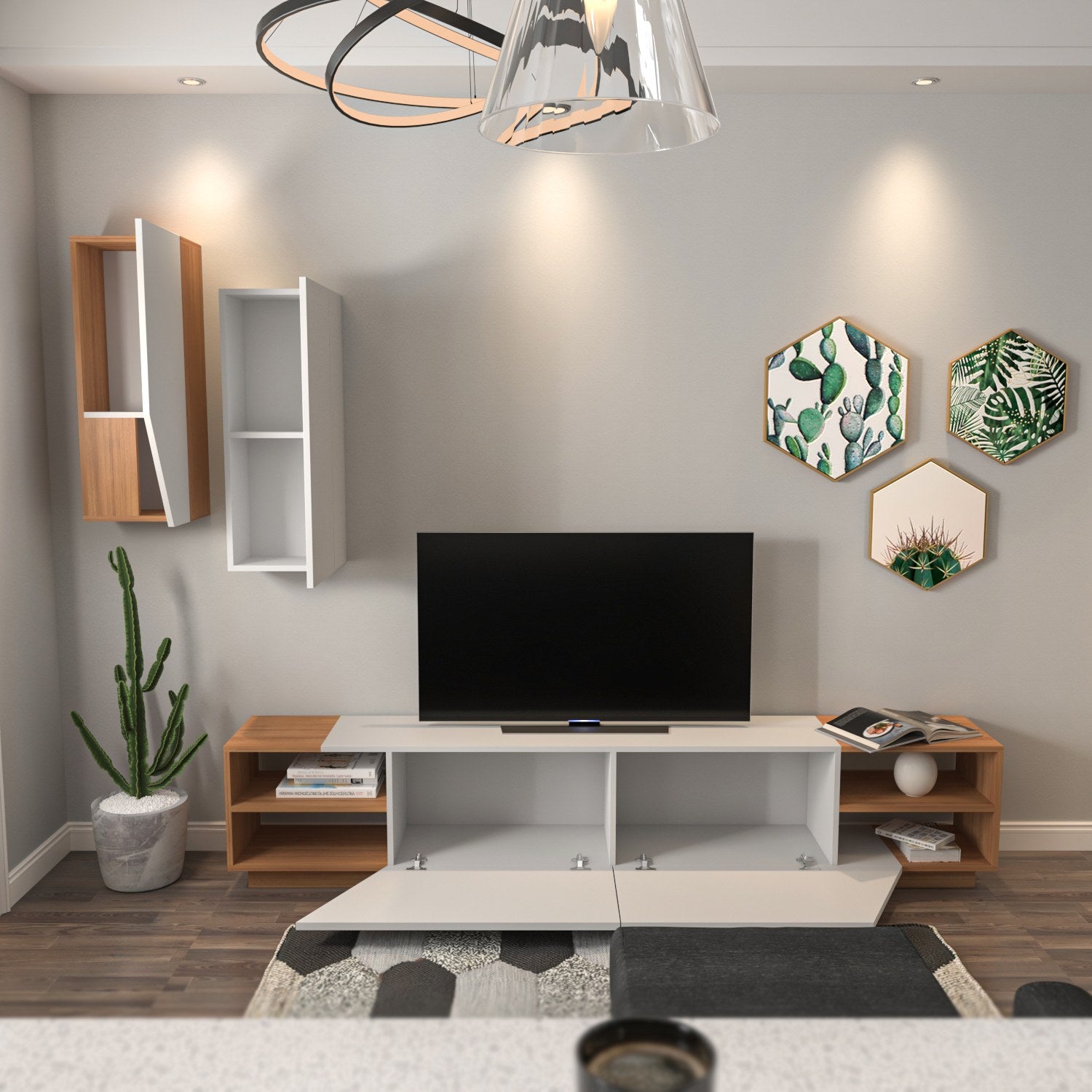 Móvel de TV moderno – 240 x 47 x 37,5 cm – Branco e teca – Melamina