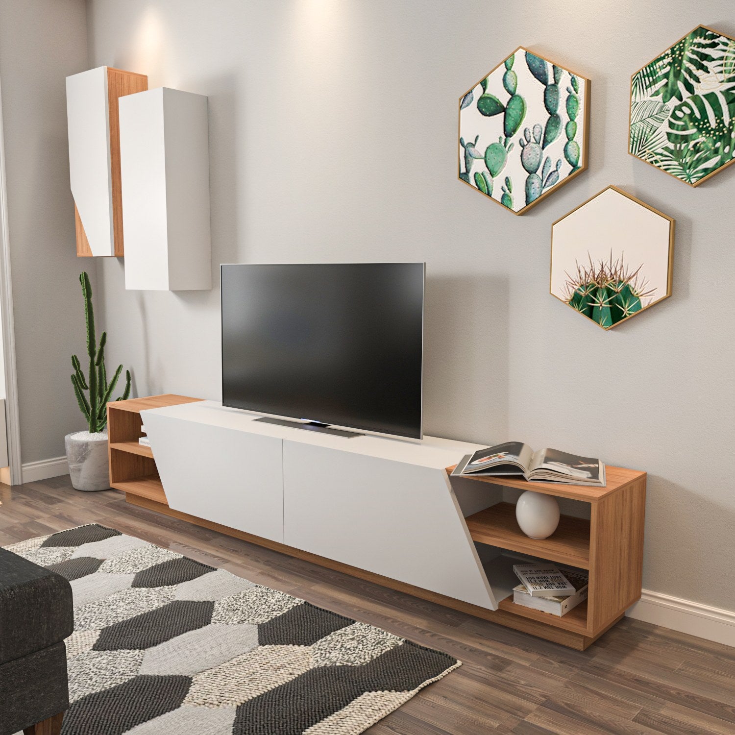 Móvel de TV moderno – 240 x 47 x 37,5 cm – Branco e teca – Melamina