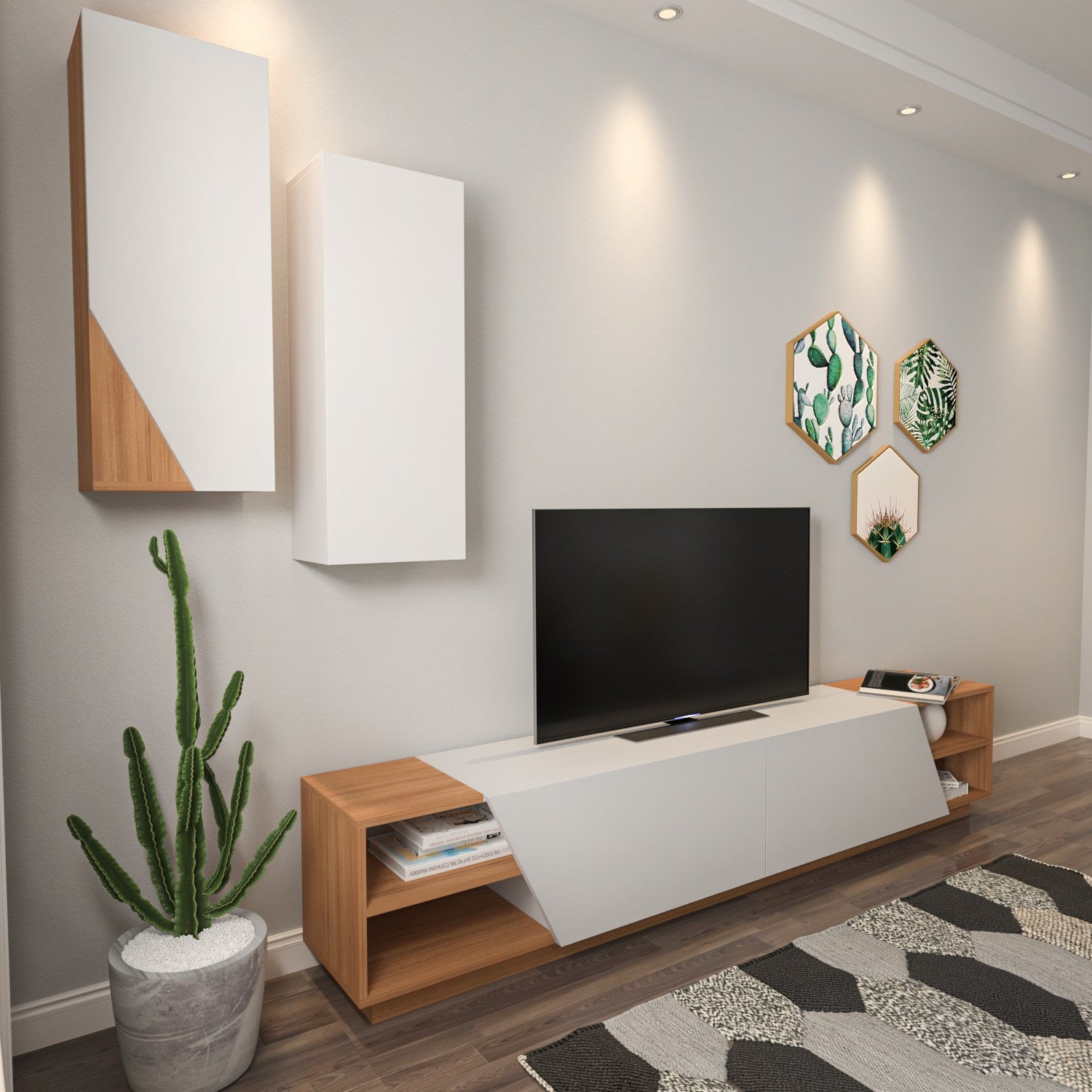 Móvel de TV moderno – 240 x 47 x 37,5 cm – Branco e teca – Melamina