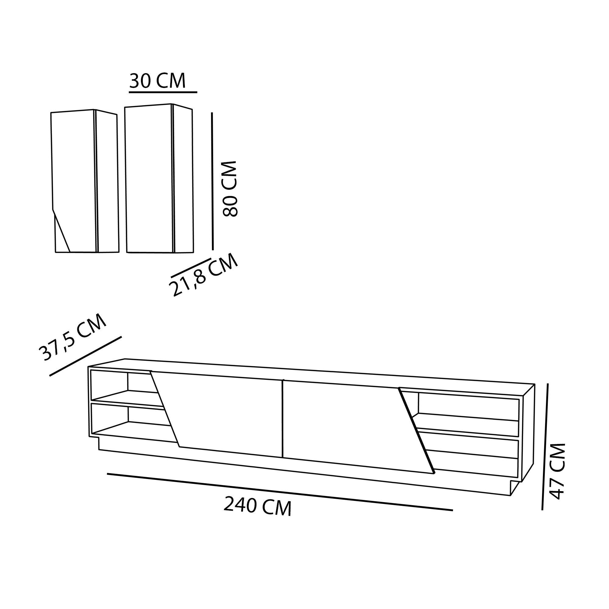 Móvel de TV moderno – 240 x 47 x 37,5 cm – Branco e teca – Melamina