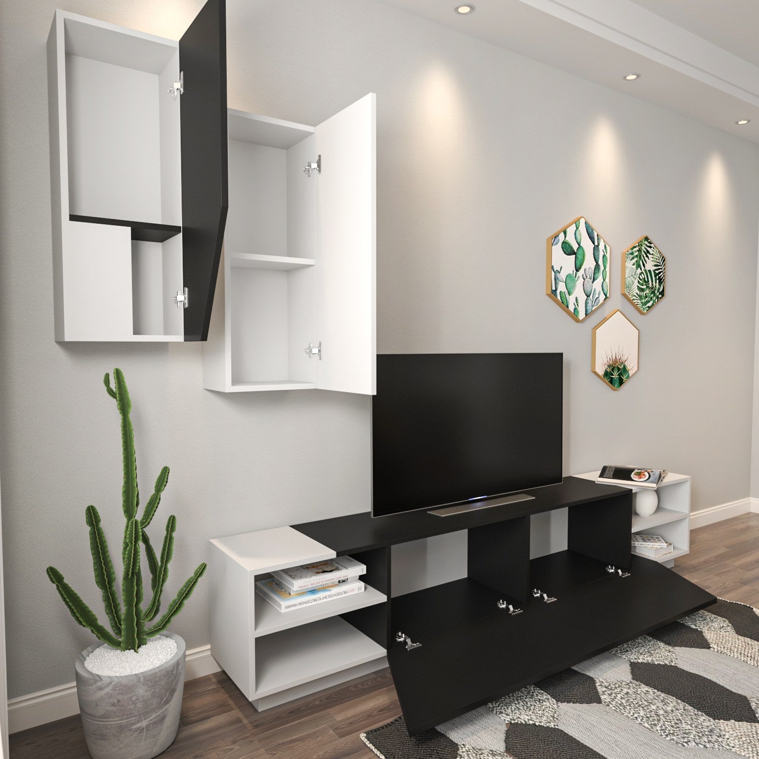 Móvel de TV moderno com prateleiras de parede – 240 x 47 x 37,5 cm – preto e branco – melamina