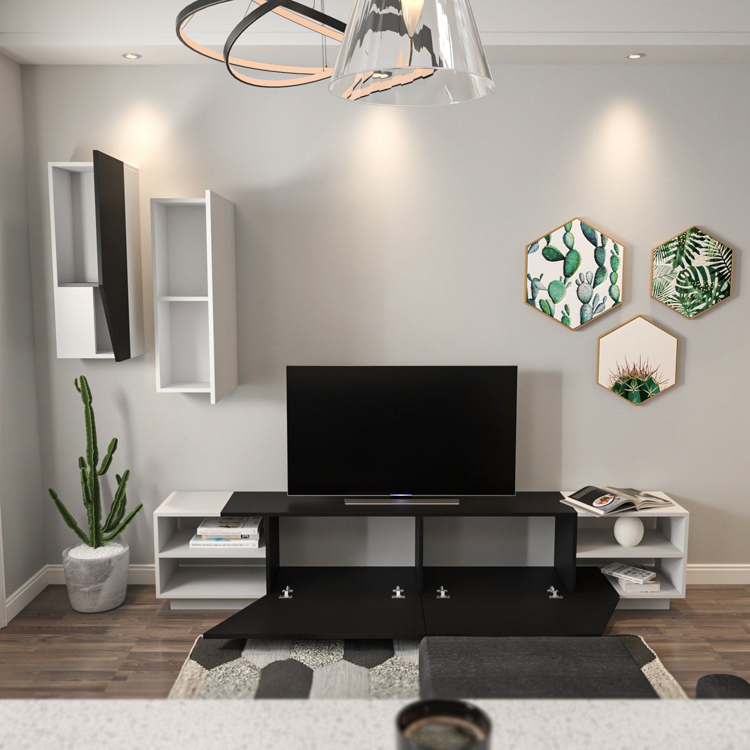 Móvel de TV moderno com prateleiras de parede – 240 x 47 x 37,5 cm – preto e branco – melamina