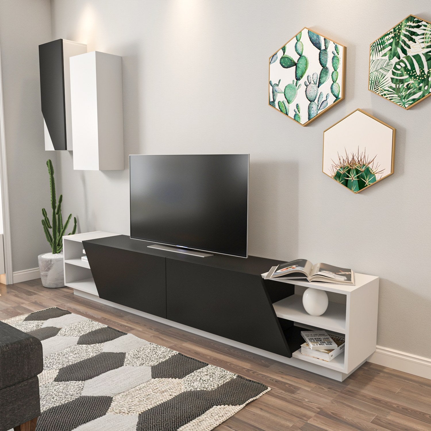 Móvel de TV moderno com prateleiras de parede – 240 x 47 x 37,5 cm – preto e branco – melamina