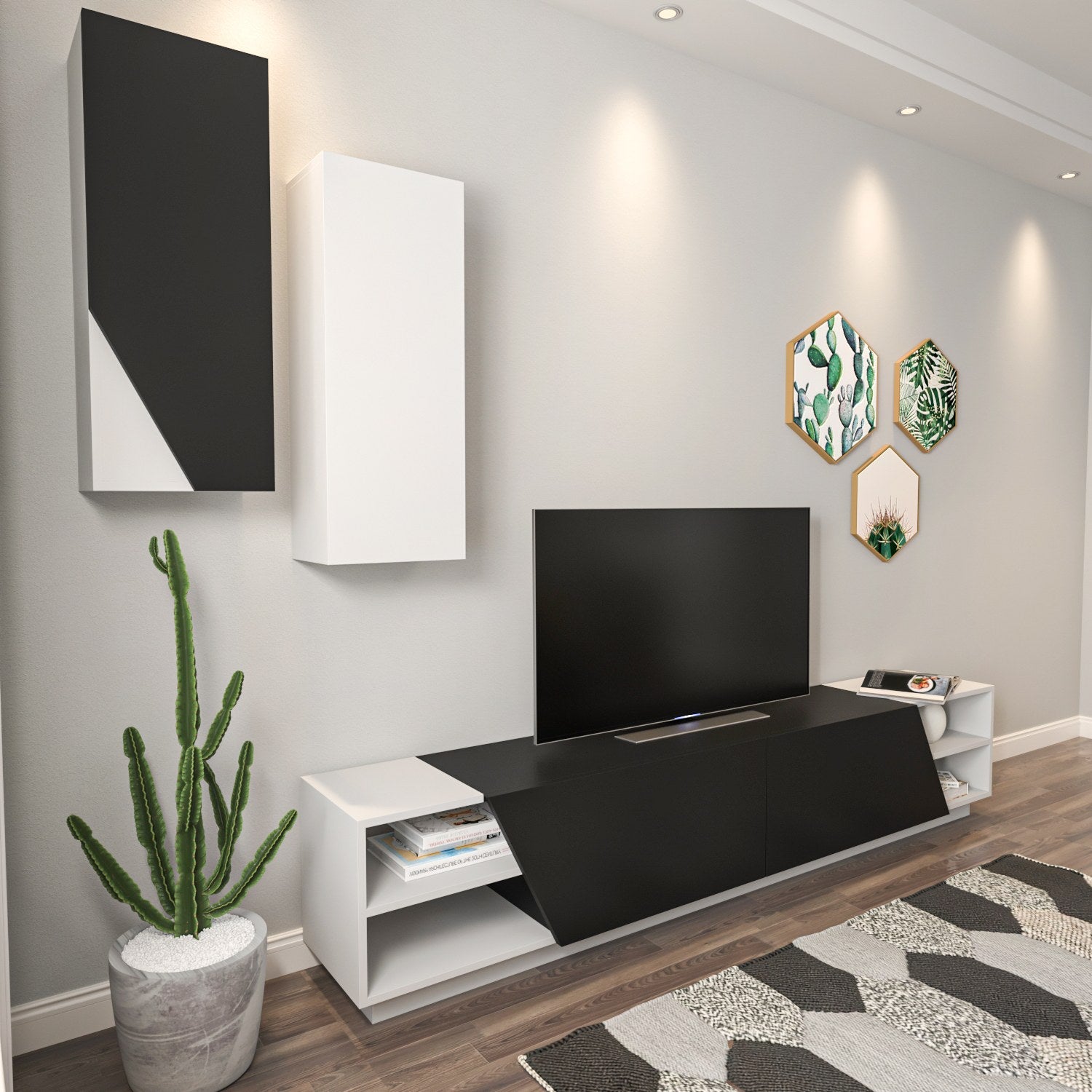 Móvel de TV moderno com prateleiras de parede – 240 x 47 x 37,5 cm – preto e branco – melamina