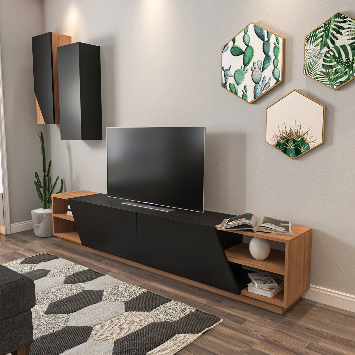 Móvel de TV moderno – 240 x 47 x 37,5 cm – Preto e teca – Melamina