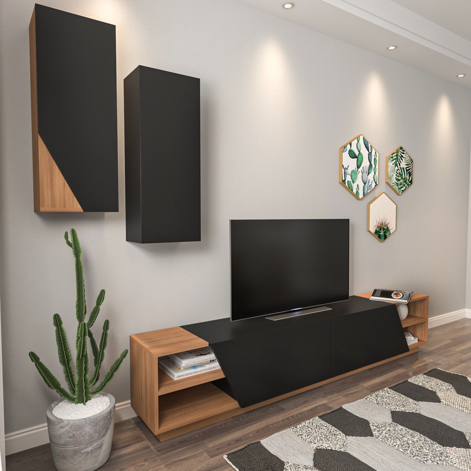 Móvel de TV moderno – 240 x 47 x 37,5 cm – Preto e teca – Melamina