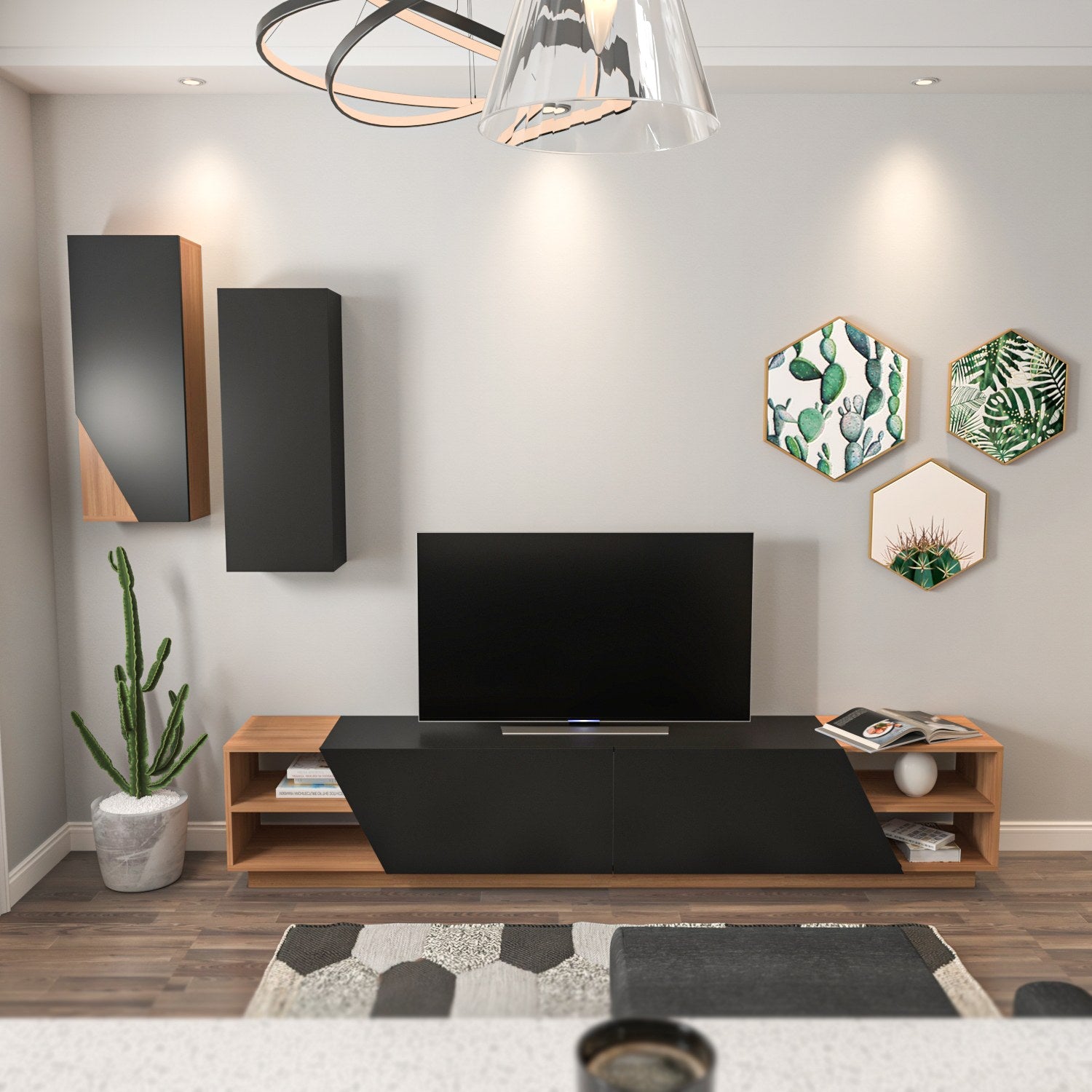 Móvel de TV moderno – 240 x 47 x 37,5 cm – Preto e teca – Melamina