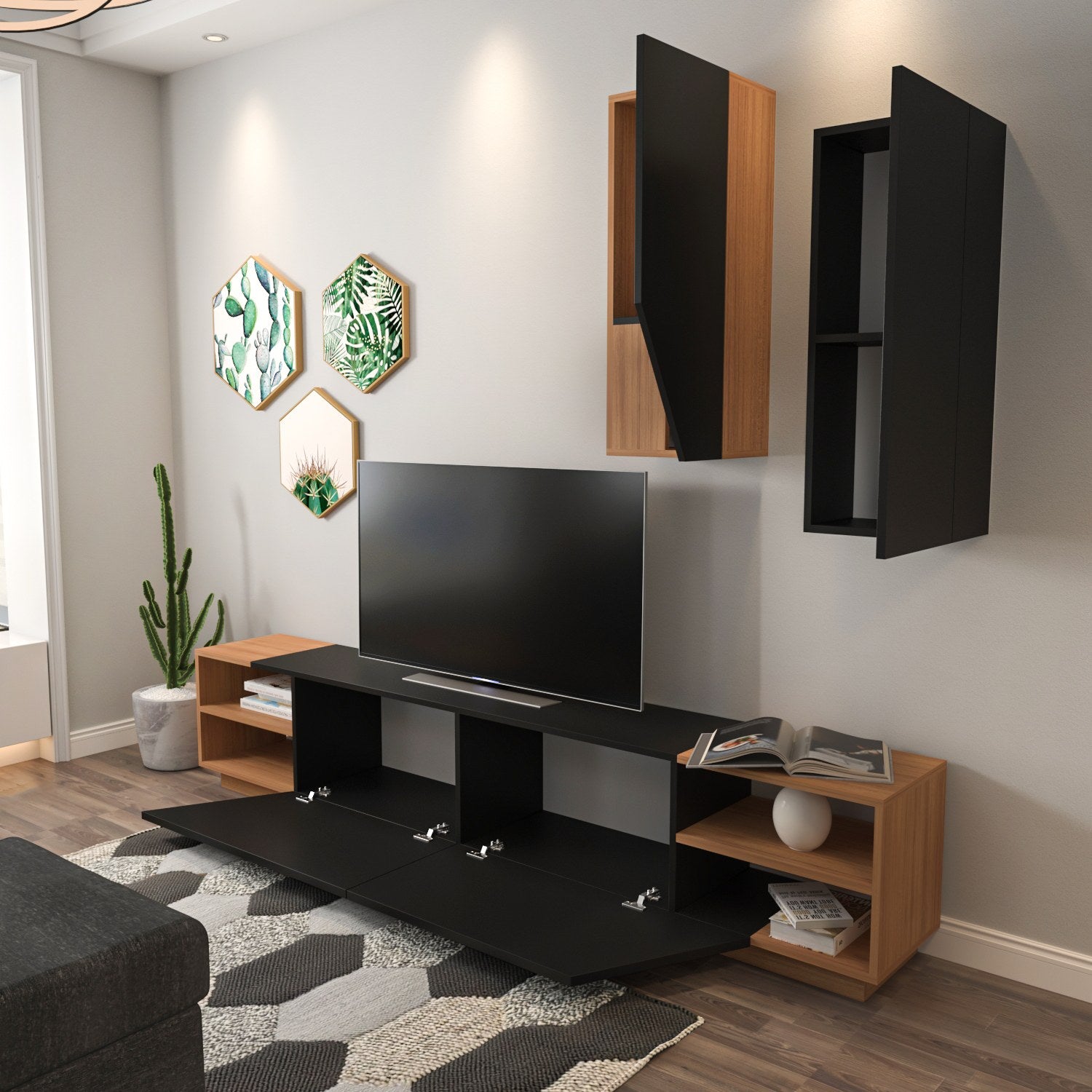 Móvel de TV moderno – 240 x 47 x 37,5 cm – Preto e teca – Melamina
