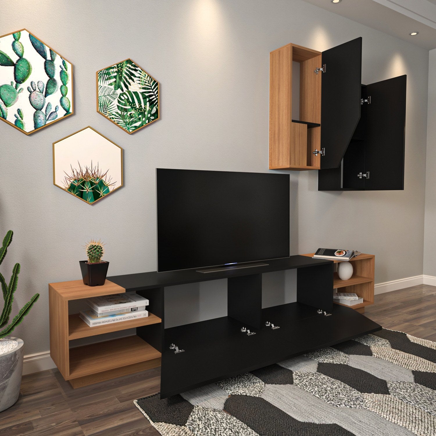 Móvel de TV moderno – 240 x 47 x 37,5 cm – Preto e teca – Melamina